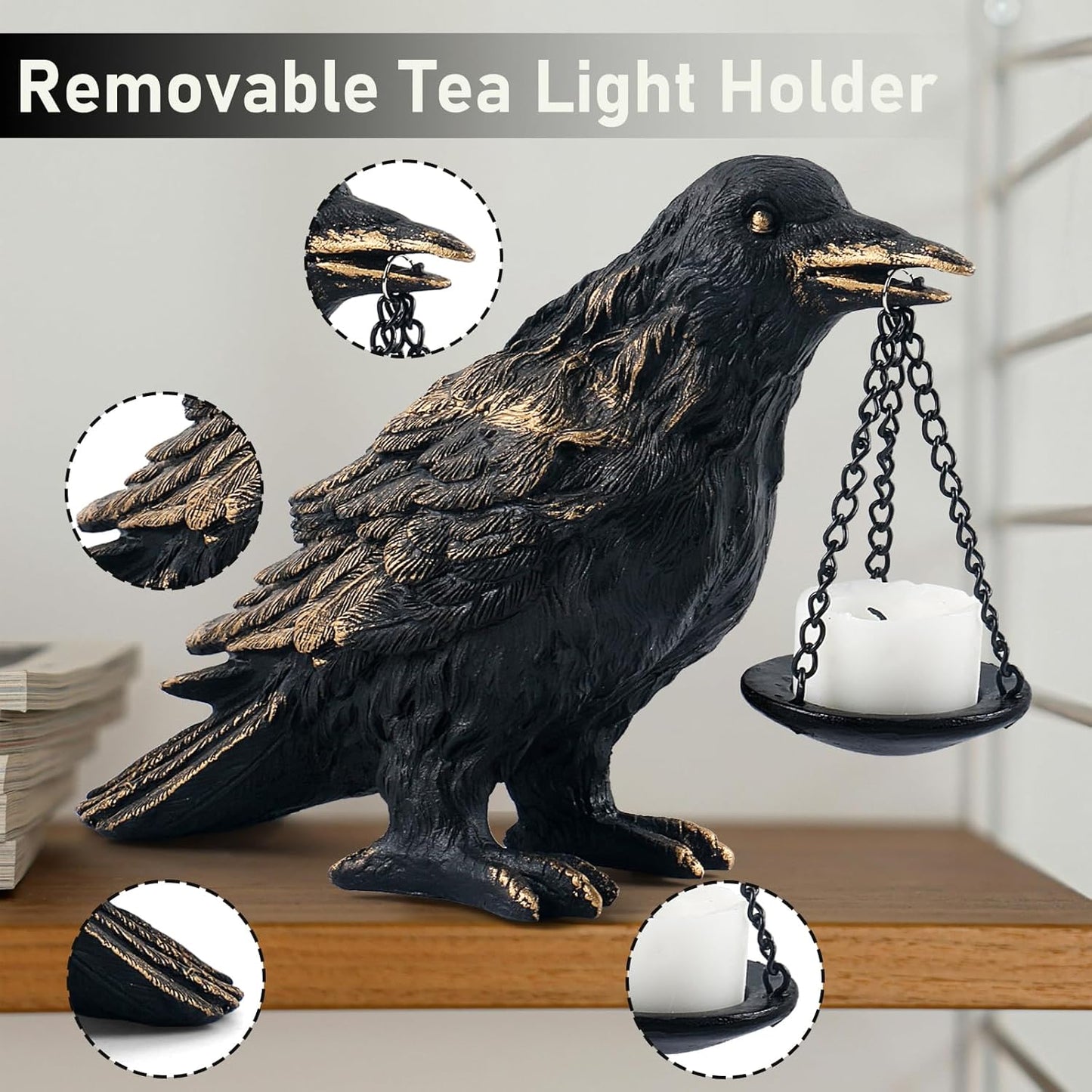 Raven Gothic Home Decor Fake Crow Light Holder Raven Lamp Tealight Candle Holder Resin Raven Statue Wearing Gold