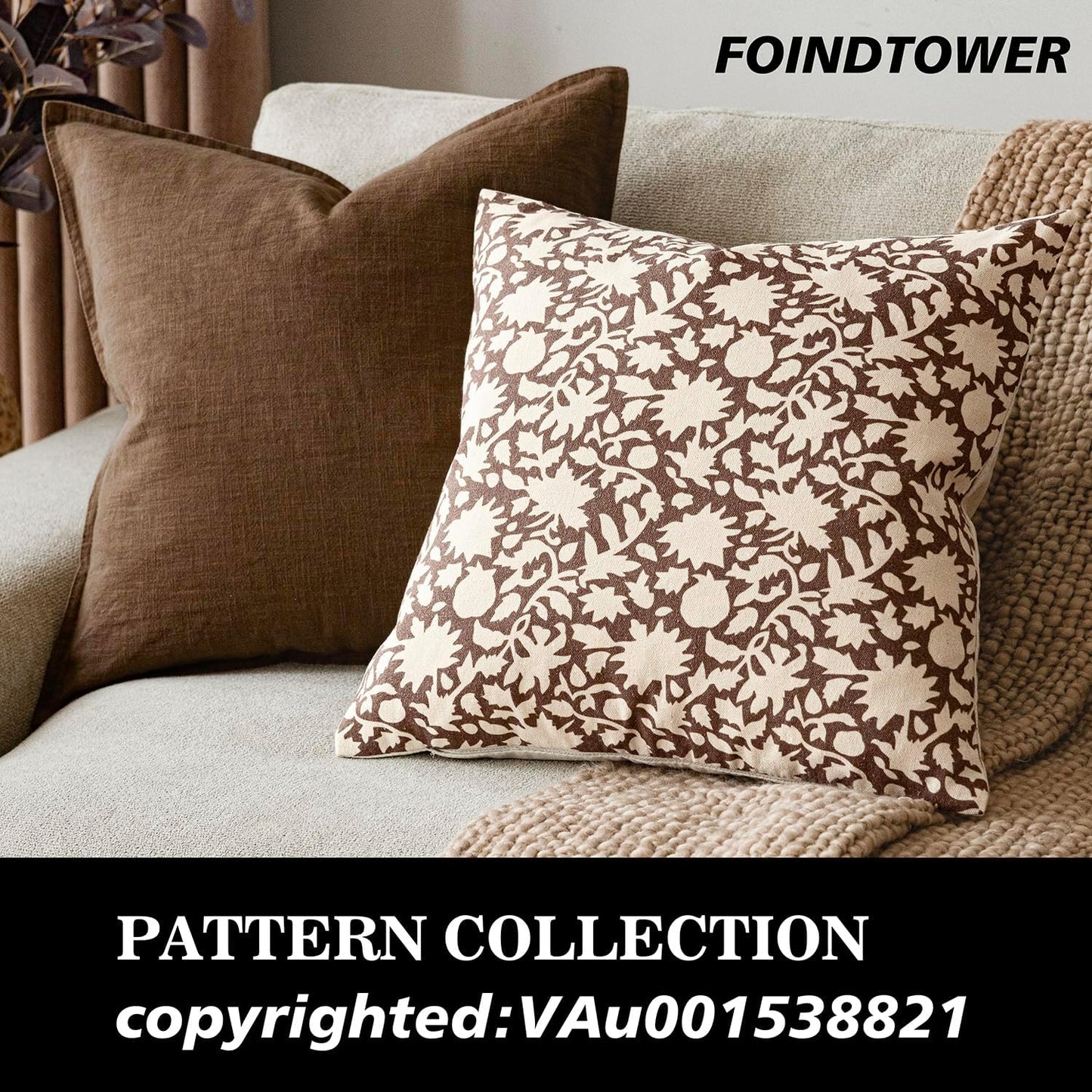 Foindtower Set of 2 Decorative Neutral Floral Throw Pillow Covers Accent Farmhouse Cushion Covers Boho Vintage Pillowcase for Couch Sofa Bedroom Living Room Home Decor Outdoor,18×18 Inch,Brown