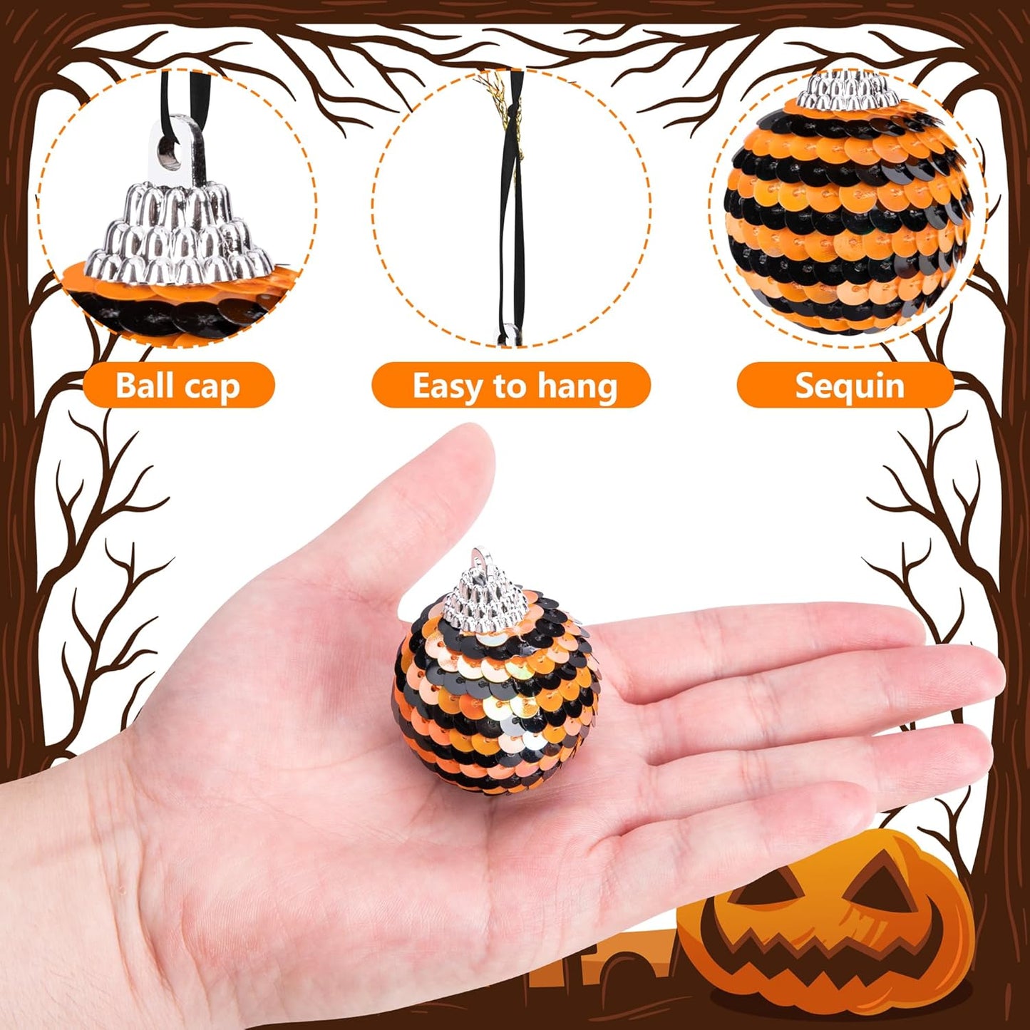 24 PCS Halloween Sequin Hanging Ball Ornaments-1.6 Inch Halloweens Black Orange Sequin Balls-Hanging Glitter Ball Ornaments for Halloween Tree Party Decor
