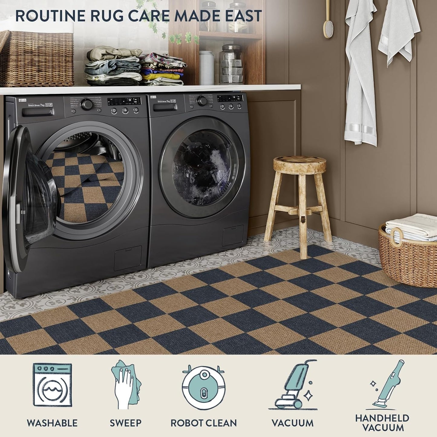 Lahome Checkered Easy Jute Living Room Rugs, 5x7 Dining Room Office Rug Farmhouse Outdoor Patio Carpet, Checkerboard Washable Non Slip Indoor Outdoor Blue Carpet for Backyard Entry Deck