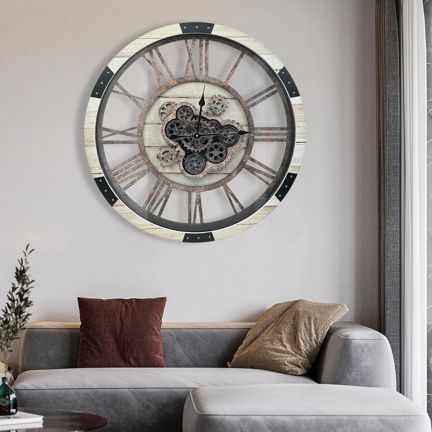 DORBOKER 24" Large Wall Clock with Moving Gears,Oversize Vintage Industrial Rustic Farmhouse Clocks for Living Room Decor Office Home,Solid Wood Retro Metal HD Tempered Glass Cover,Desert Beige