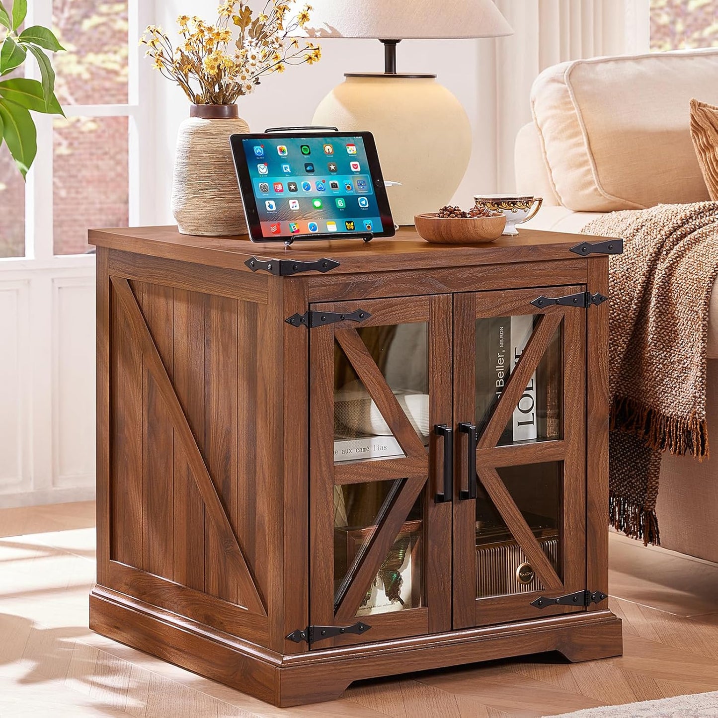 24" End Table Set of 2 with Charging Station, Farmhouse Night Stand with Glass Barn Door, Nightstands with Adjustable Storage Shelf, Large Wood Square Bed Side Table for Living Room,Bedroom