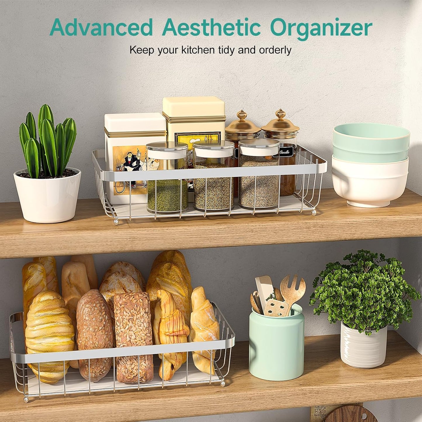 2 Tier Fruit Basket for Kitchen Counter with 2 Banana Hangers, 2025 Pro Detachable Metal Fruit Bowl with Wooden Handle,Fruit Holder for Bread Snack Veggies, Silvery