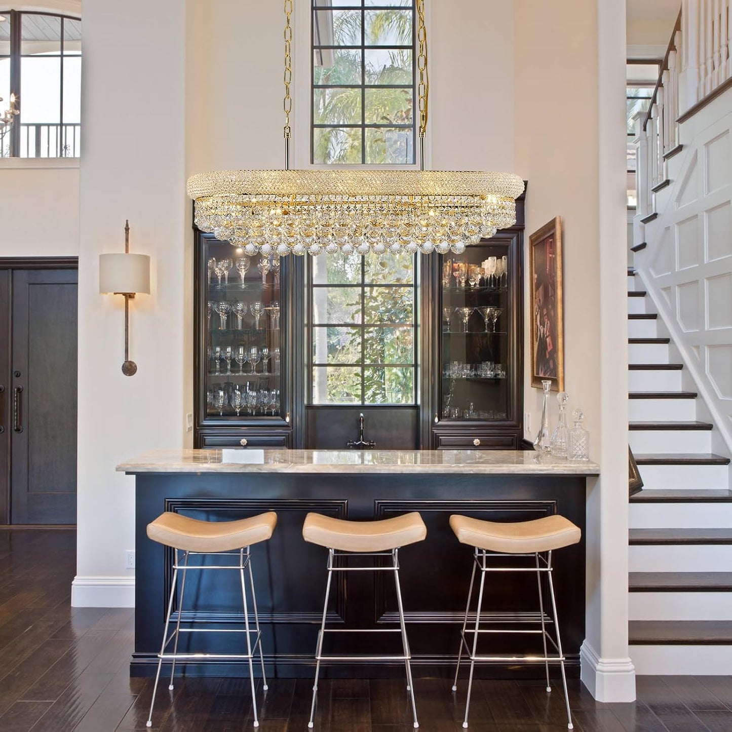 Rectangular Crystal Chandeliers for Dining Room,10 Lights Adjustable Height Oval Crystal Ceiling Light Fixture for Kitchen Island, Gold Finish, L36''