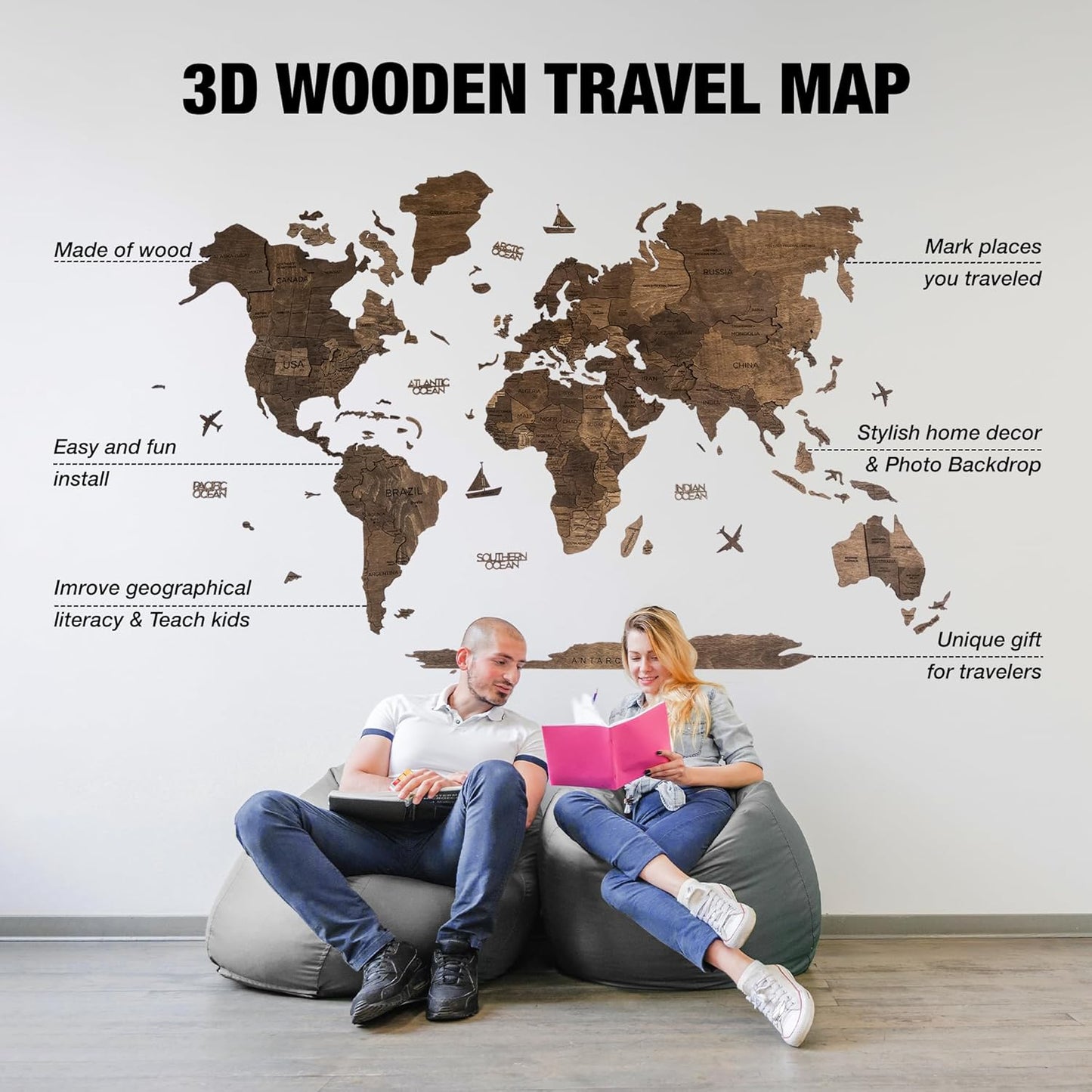 Handmade 3D Wood World Map Wall Art Large Wall Decor Track Your World Travels - Special For Home, Kitchen And Office (Medium, Walnut)