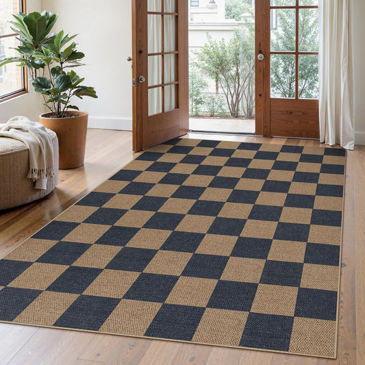 Lahome Checkered Easy Jute Living Room Rugs, 5x7 Dining Room Office Rug Farmhouse Outdoor Patio Carpet, Checkerboard Washable Non Slip Indoor Outdoor Blue Carpet for Backyard Entry Deck