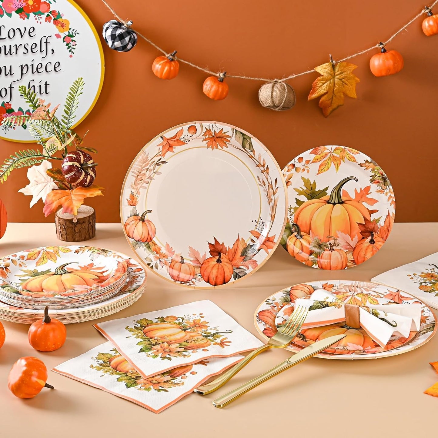 150Pcs Thanksgiving Fall Pumpkin Paper Plates and Napkins Fall Party Supplies Watercolor Pumpkin Maple Disposable Plates Autumn Plates for Fall Decor Thanksgiving Party Supplies,Serve 50 Guests