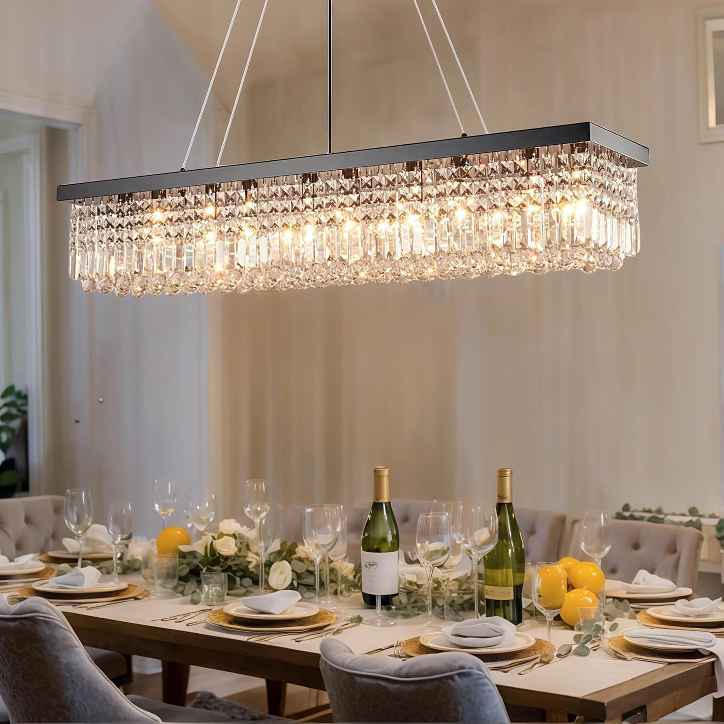 Rectangular Black Crystal Chandelier,10 Light Crystal Chandeliers for Dining Room, Rectangle Light Fixture for Kitchen Island L47''xW10''x H10''