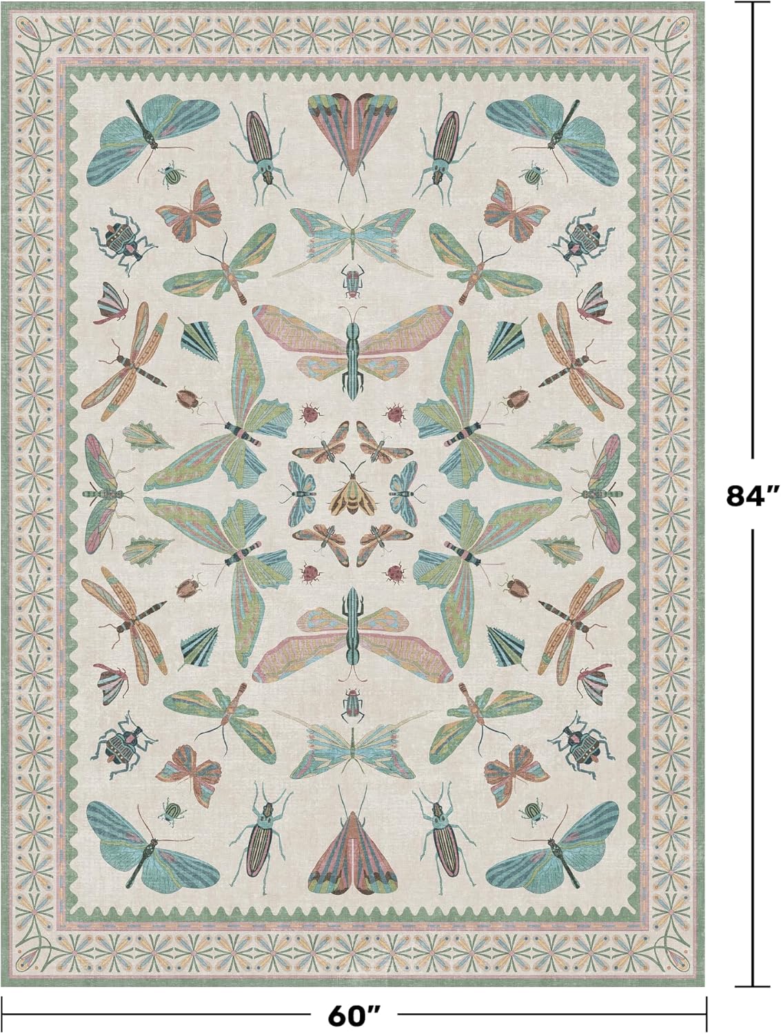 5x7 Pink and Green Nursery Rug - Colorful Rug for Bedroom, Living Room, Insect Butterfly Floral Non-Slip Soft Carpet