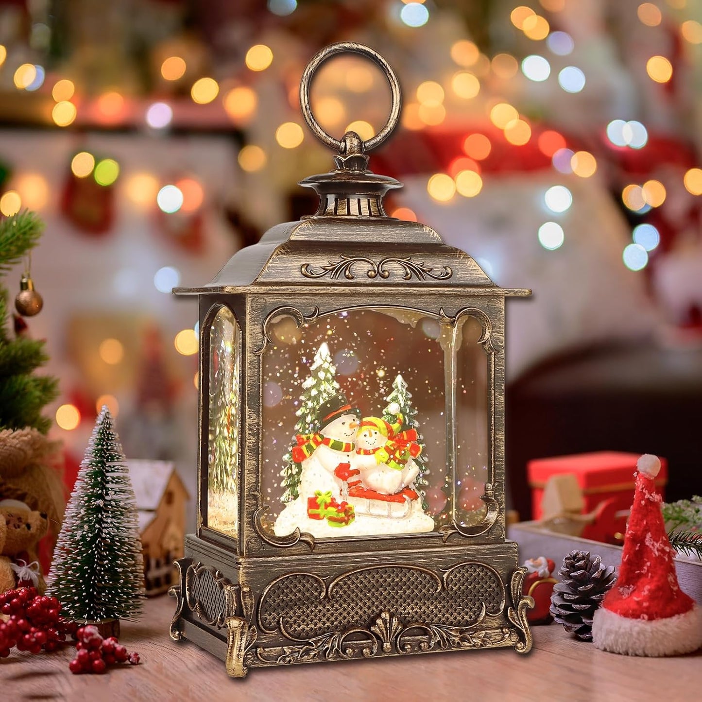 Christmas Snow Globes,Christmas Decorations for Home,with 6 Hour Timer,Musical Snow Globe,Battery Or USB Powered,Christmas Lantern,Christmas Festival Decor, Snowman Skiing