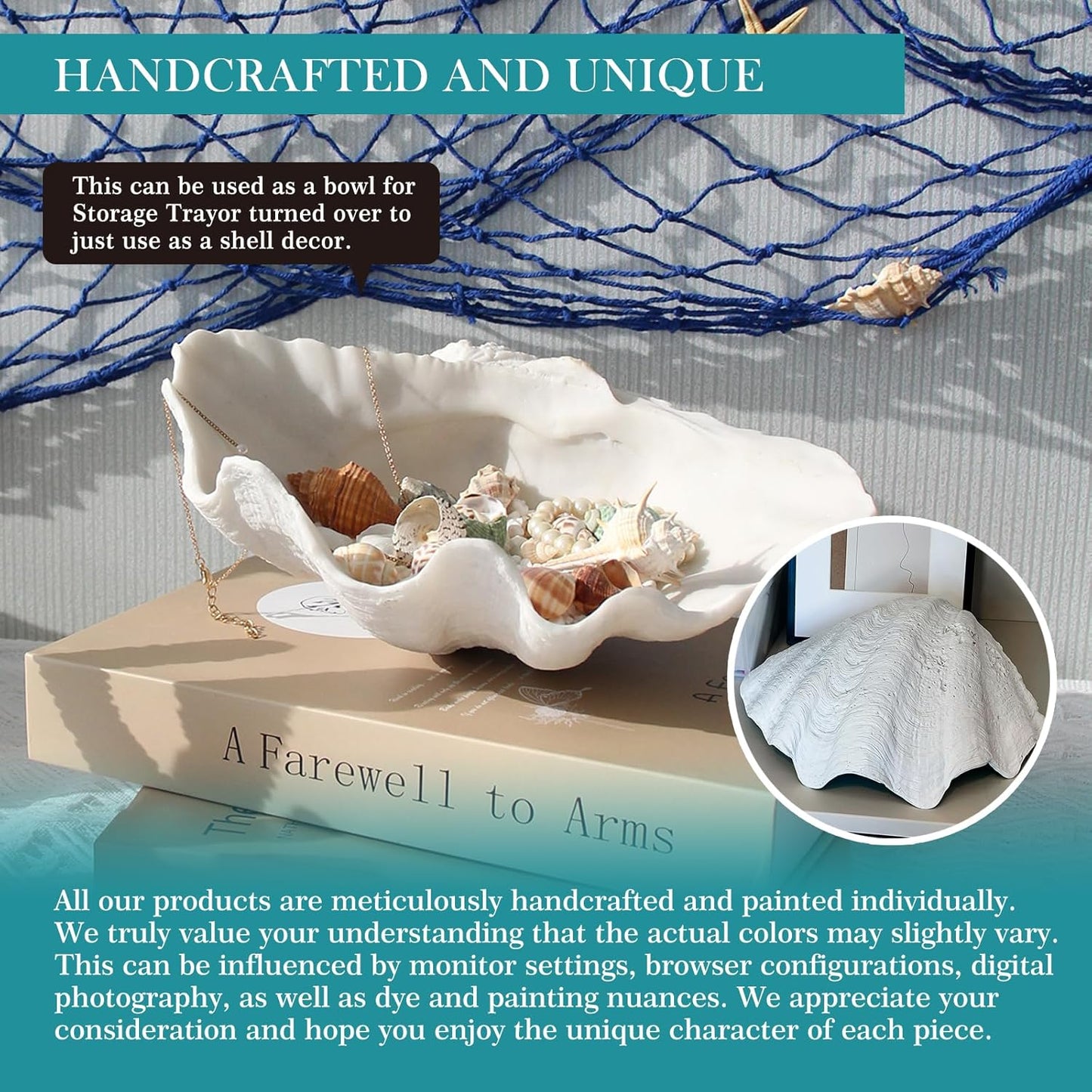 Accessoryway Large White Sea Shells Decorative Bowl Resin Clam Shell Bowl Beach Decorations for Home Coastal Beach Decor Decoration Storage Bowls & Home Office Nautical Themed Party Decor -10.2"-1PC