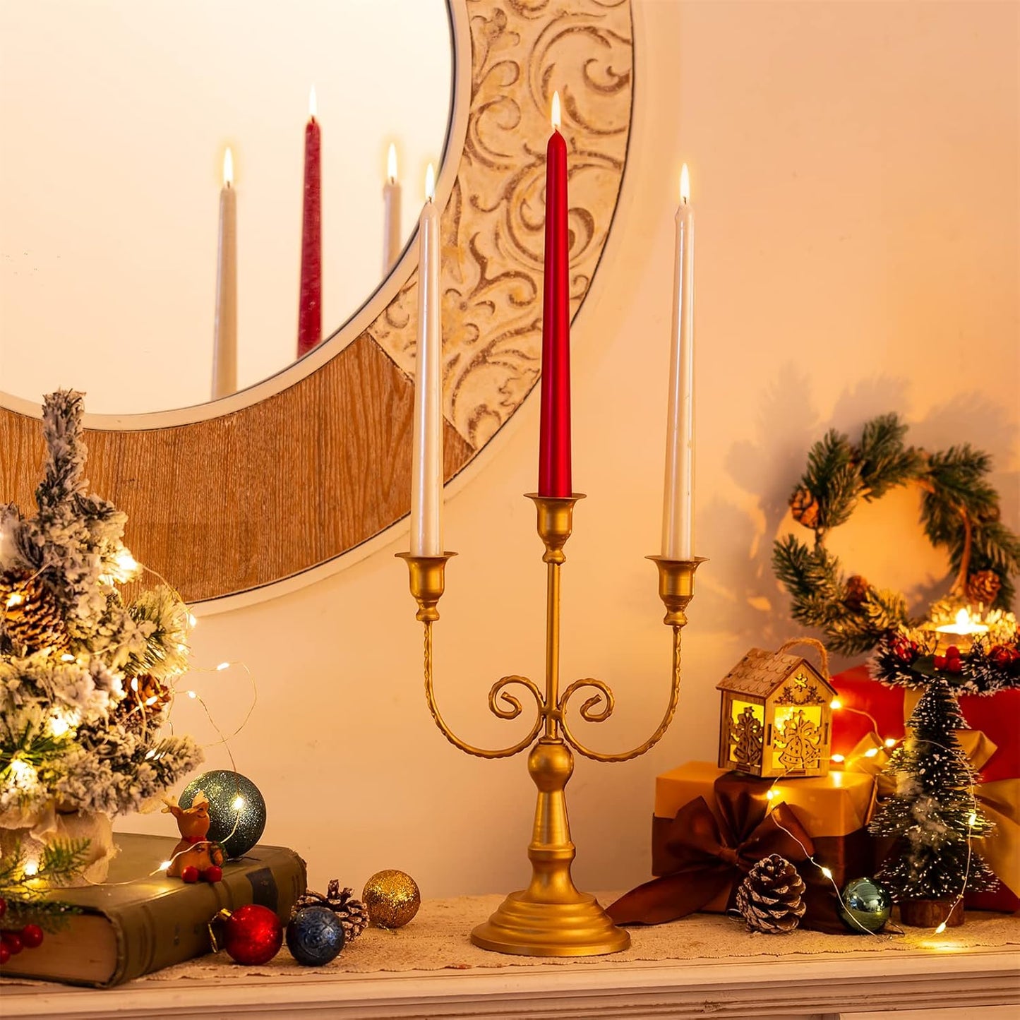 Sziqiqi Gold Taper Candle Holder for Centerpiece - 3-stem Candlesticks Holder for Wedding Table Centerpieces Metal Candle Stick Holders for Fireplace Mantle 2pcs