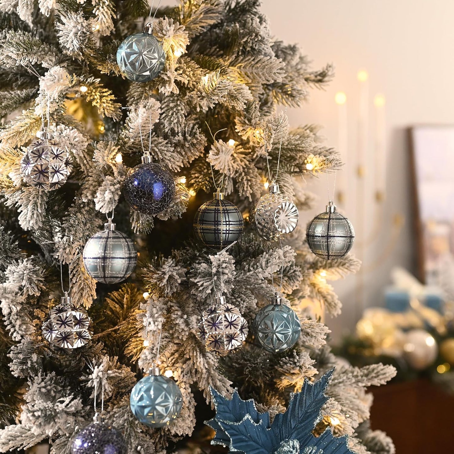 Valery Madelyn Ornaments for Christmas Trees, 9ct 2.36 Inches Navy Blue and Silver Shatterproof Christmas Tree Decorations, Luxury Hanging Ball Ornaments for Xmas Holiday Party Decor