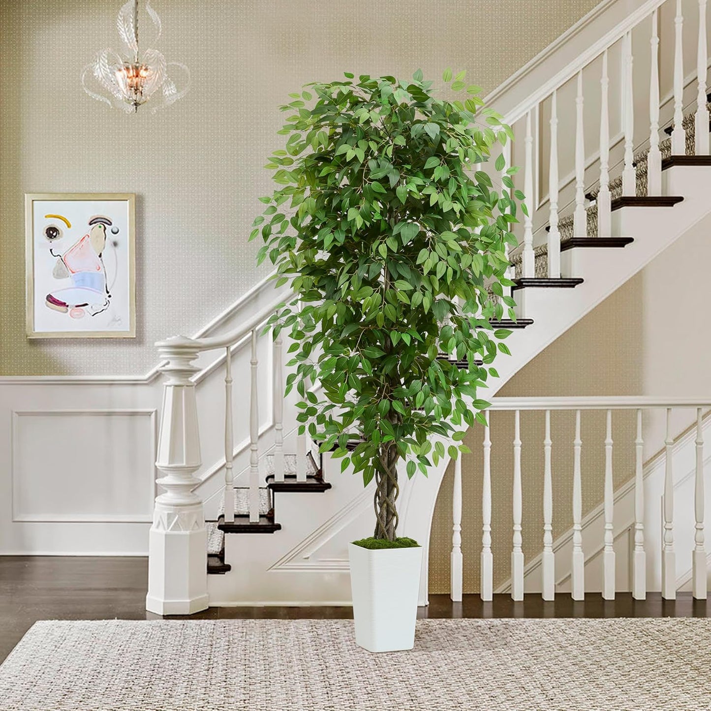 Artificial Ficus Tree 6FT Faux Plants Indoor Tall Fake Plants with White Planter, Green Lifelike Lush Fake Ficus Tree for Home Living Room Bedroom Outdoor Balcony House Office Decor