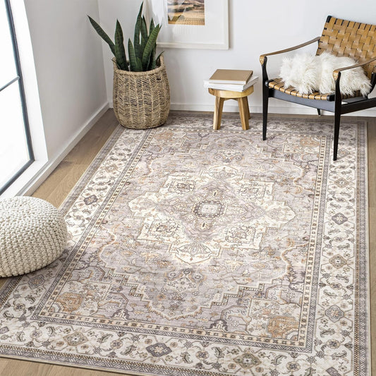 Washable Area Rugs for Living Room - 6x9 Neutral Vintage Distressed Floral Farmhouse Boho Large Soft Floor Rug Indoor Non Slip Carpet for Bedroom Dining Room Office - Grey Brown