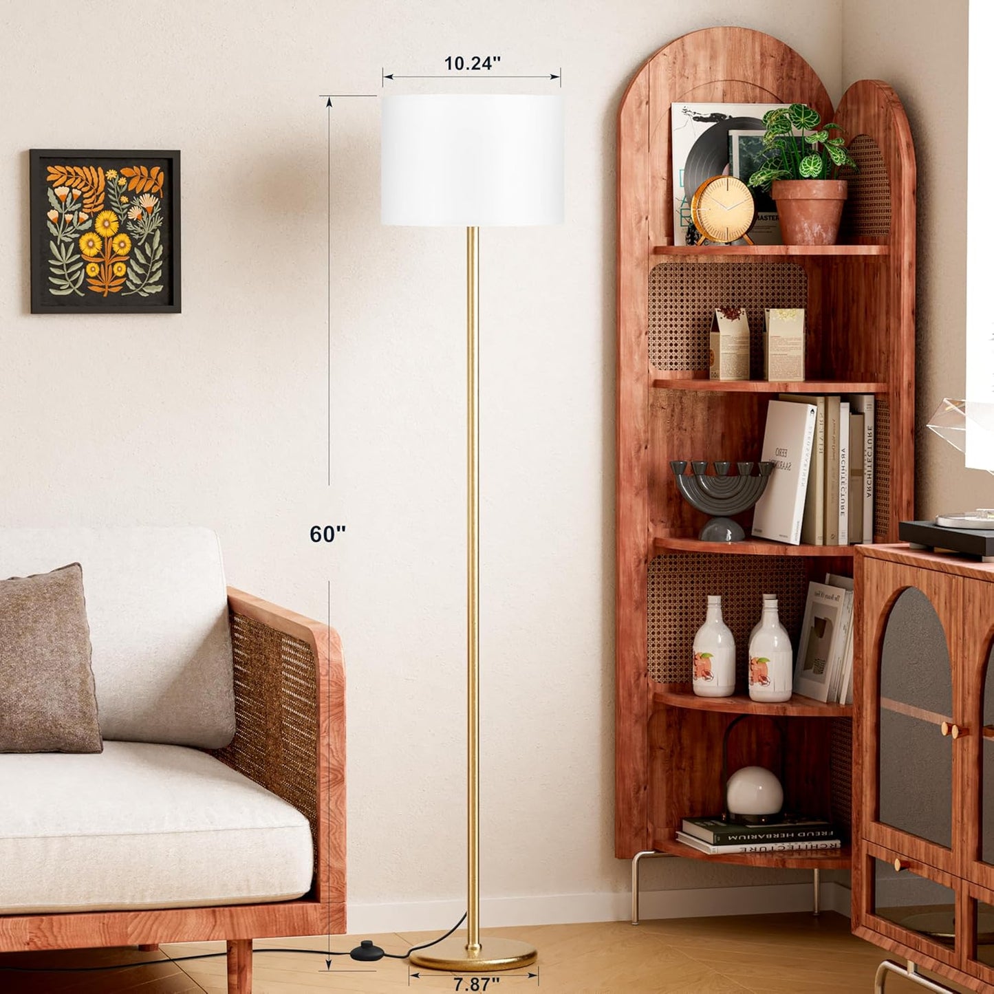 Ambimall 60'' Modern Floor Lamp with Shade, Tall Lamps for Living Room, Bedroom, Office, Dining Room, White Shade with Gold Pole(Without Bulb)
