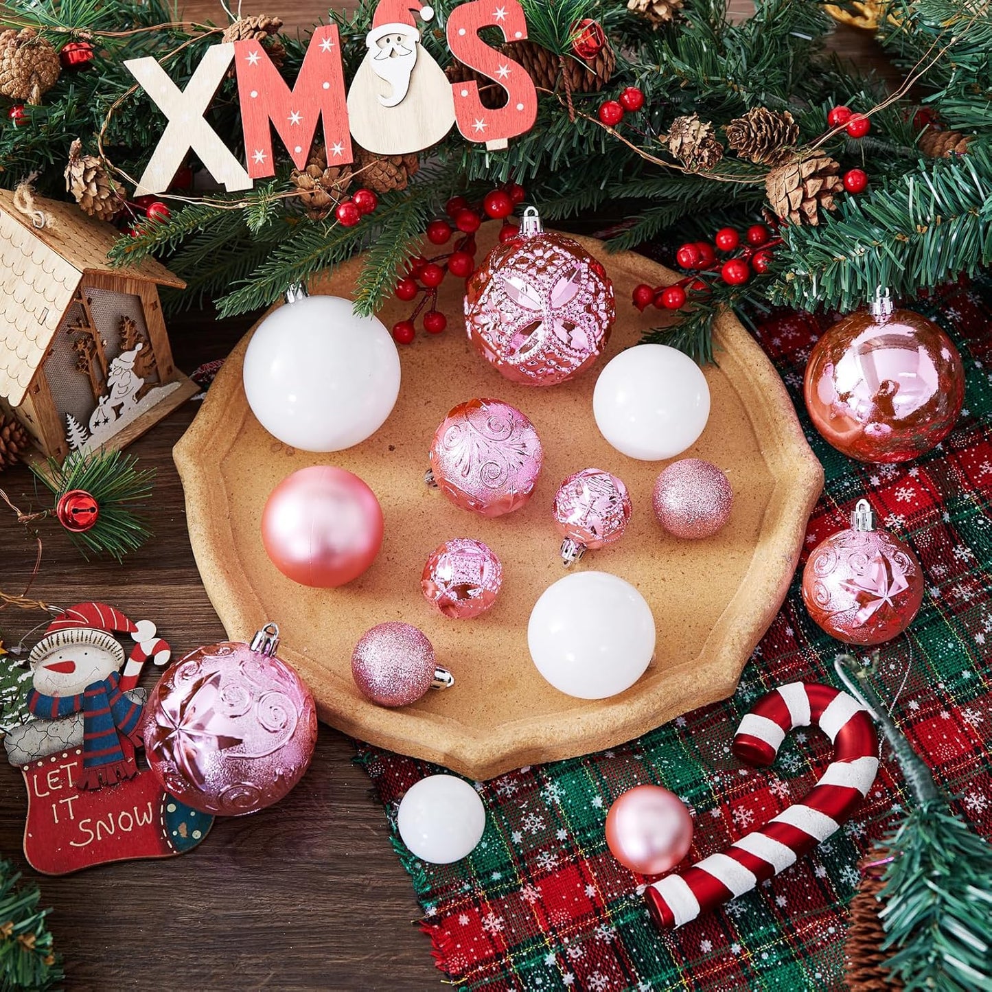 87-Pack Shatterproof Christmas Ball Ornaments Set, Christmas Tree Decorations with Hand-held Gift Package for Xmas Tree Holiday Wedding Party (Pink and White)