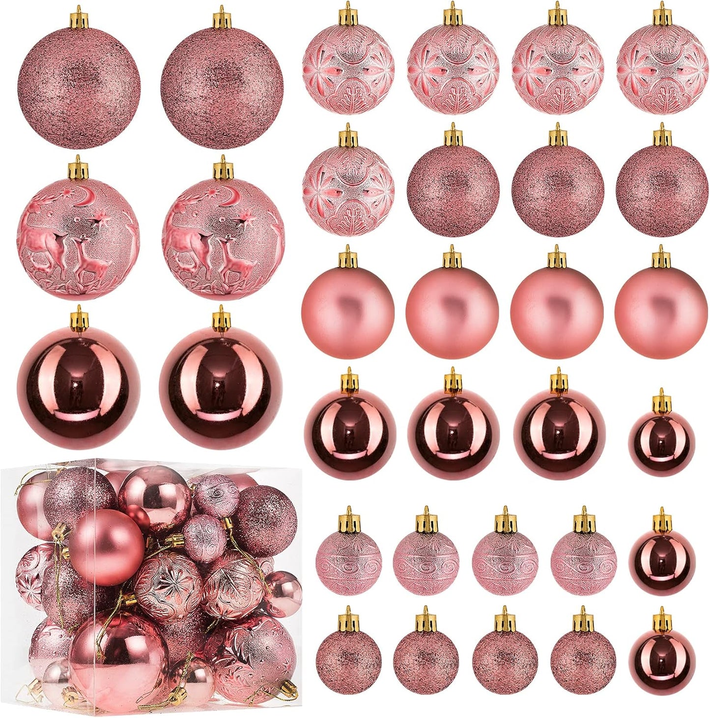 Senjie Rose Gold Shatterproof Christmas Ornaments, 32 Pcs, Plastic, Hanging, Christmas, Wedding