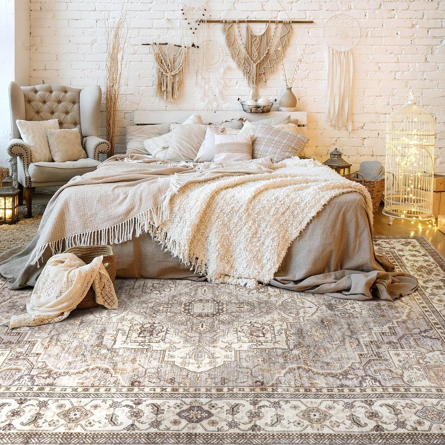 Washable Area Rugs for Living Room - 5x7 Neutral Vintage Distressed Floral Farmhouse Boho Large Soft Floor Rug Indoor Non Slip Carpet for Bedroom Dining Room Office - Grey Brown