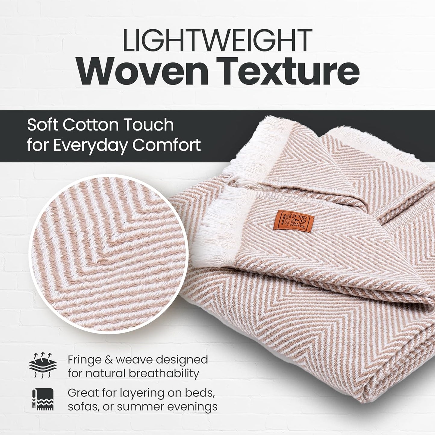 Gold Case Throw Blanket for Couch – 100% Recycled Turkish Cotton Blankets & Throws – Elegant Decorative Throw Blankets for Living Room Sofa – Woven Throws for Couch – Elegant Beige – 50x60