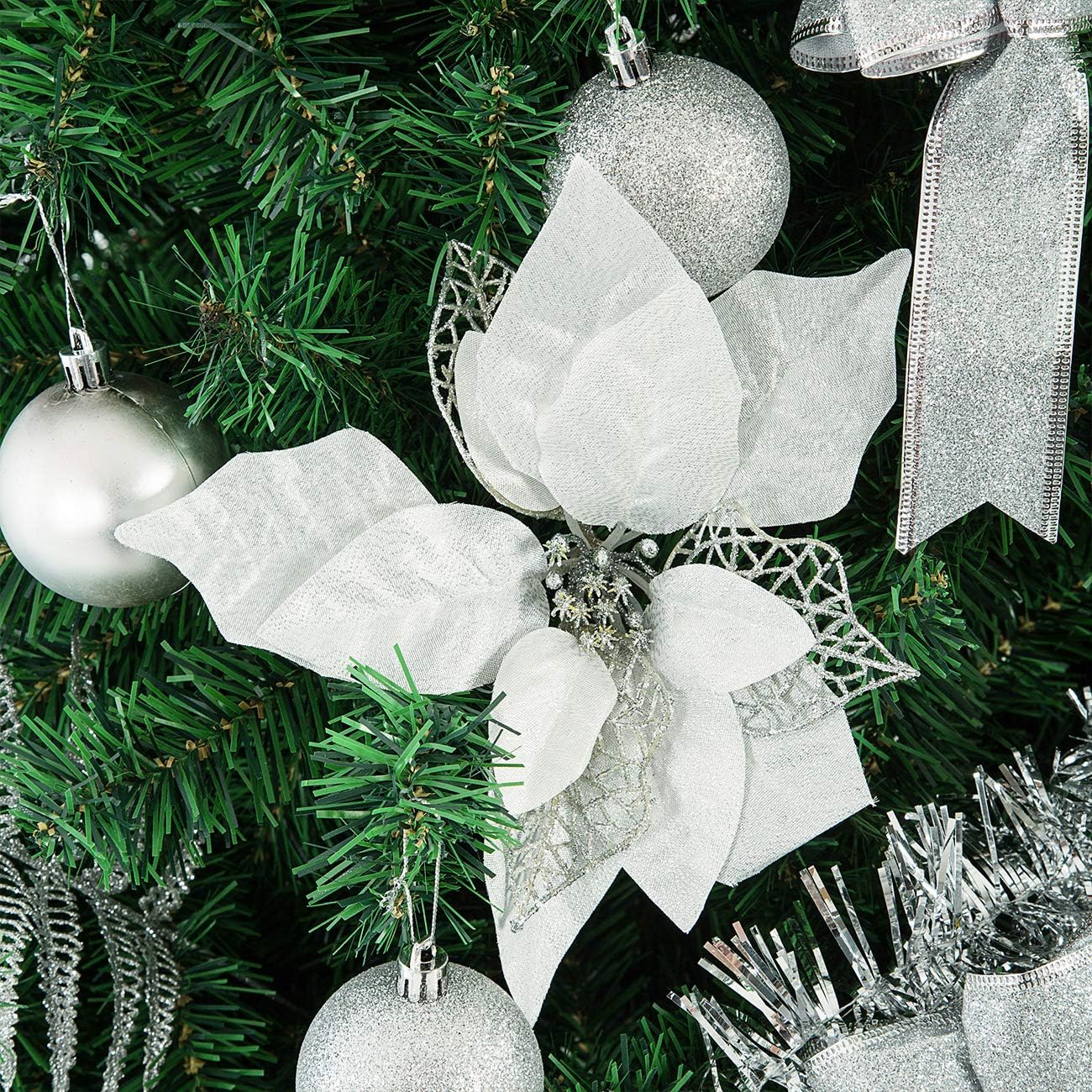 Sunnyglade 94 PCS Christmas Tree Ornaments Set with Glitter Poinsettia, Bows, Ribbons, Leaves & Assorted Decoration Ball for Xmas Tree Holiday Wedding Party Decorations (Silver White)