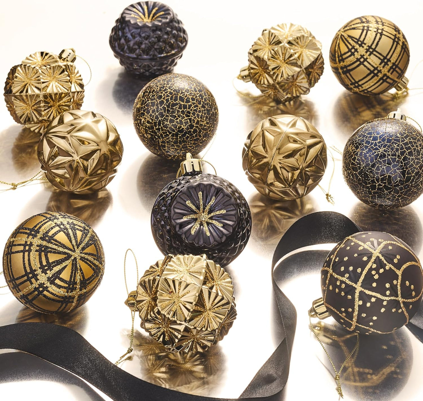 Valery Madelyn Ornaments for Christmas Trees, 16ct 2.36 Inches Black and Gold Shatterproof Christmas Tree Decorations, Luxury Hanging Ball Ornaments for Xmas Holiday Party Decor