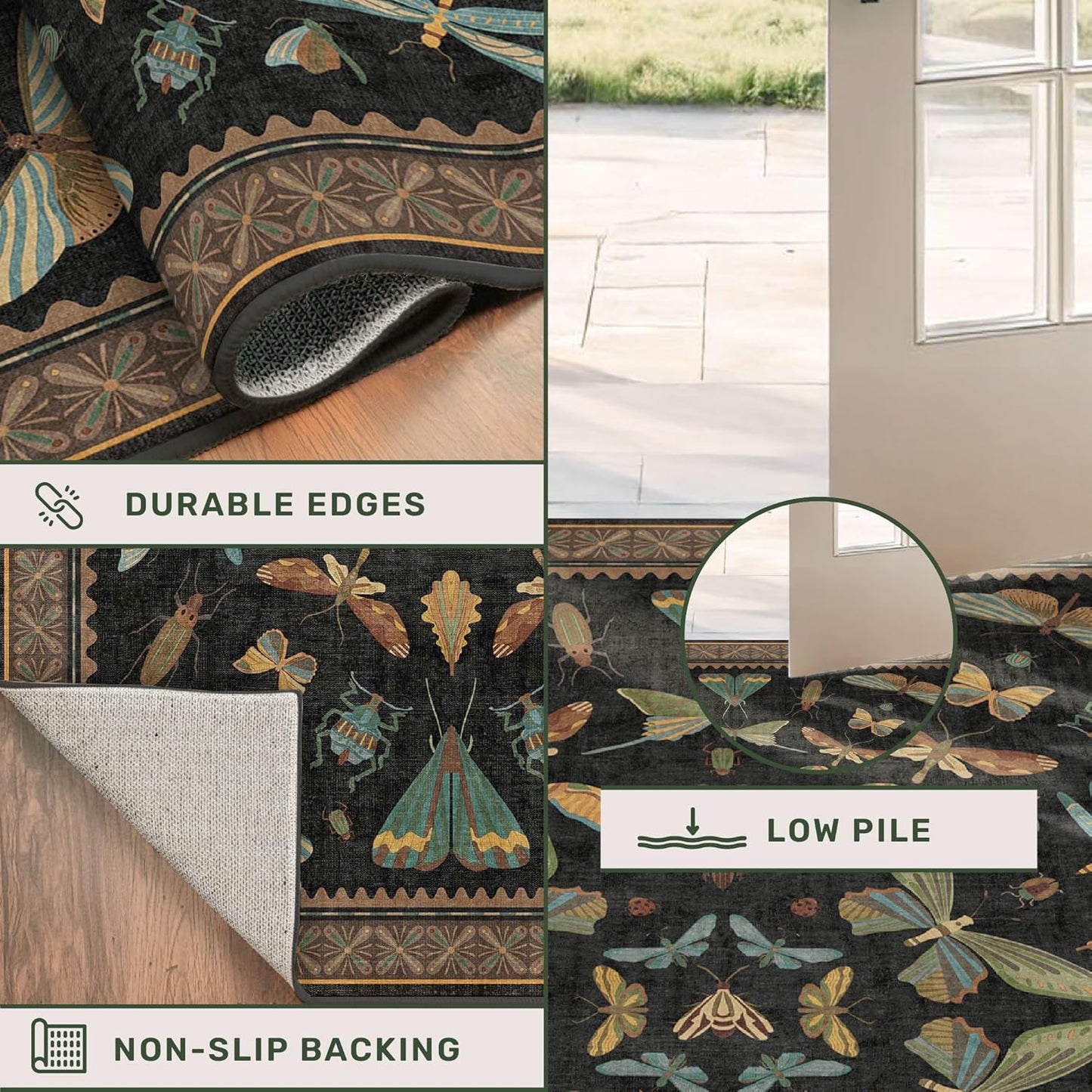 Big Black Area Rug for Living Room - Washable 10x14 Area Rug, Dining Room Rugs for Under Table, Soft Low Pile for Large Bedroom - Insect Witch Dark Moody Bug Decor, Non-Slip & Stain Resistance