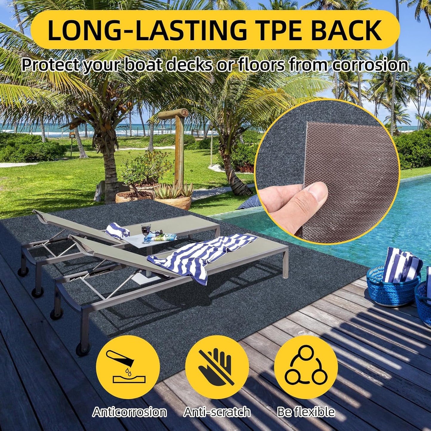 Marine Carpet,5 FT x 15 FT Dark Gray Indoor Outdoor Carpet 0.2" Thick Boat Carpet with Water-Proof TPE Backing, Non-Slide Outdoor Marine Carpet Roll for Home, Patio, Porch, Deck