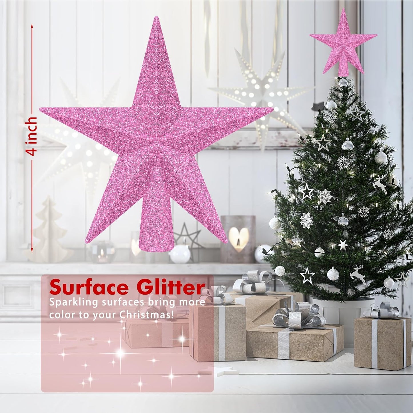 1PCS Christmas Tree Star Topper, 4" 3D Pink Xmas Tree Topper Decorations, Glitter Shatterproof Mini Bethlehem Star Tree Decor, Waterproof Star Tree Topper for Christmas Holiday Indoor Ornament