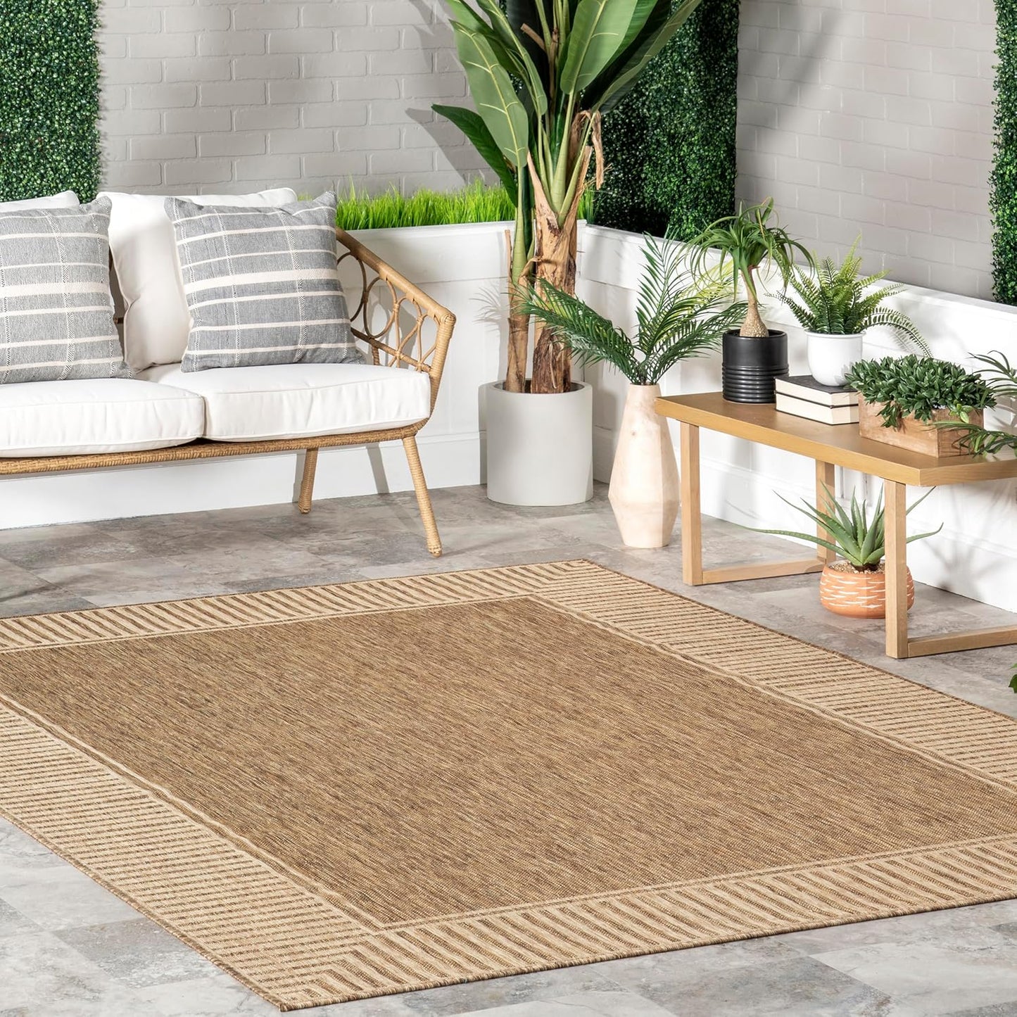 nuLOOM 6' 7" x 9' Outdoor Area Rug, Casual Design With Striped Border, Stain Resistant, Highly Durable, For Patio, Balcony, Bedroom, Living Room, Dining Room, Bathroom, Light Brown