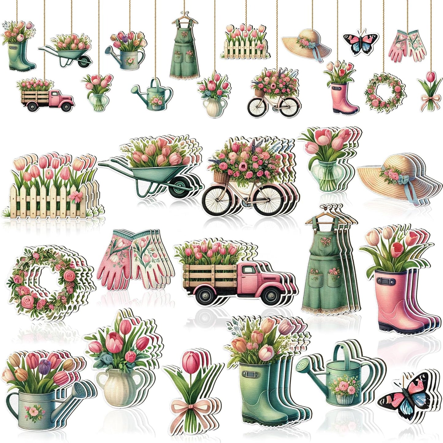 48PCS Spring Decor Wooden Flowers Ornaments Hanging Tulips Signs Decorations for Home Small Tree Party