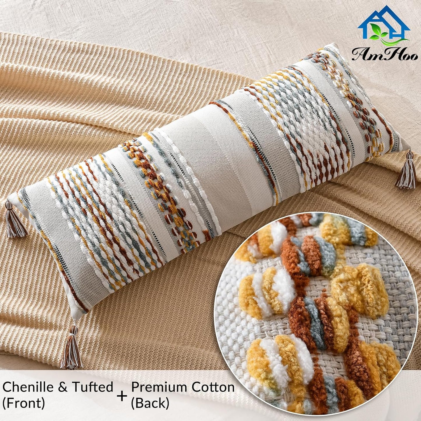 AmHoo Chenille Striped Textured Boho Throw Pillow Covers Aesthetic with Tassels Woven Decorative Pillow Case for Couch Bed Sofa Bedroom Modern Funky 14 x 36-Inch Brown