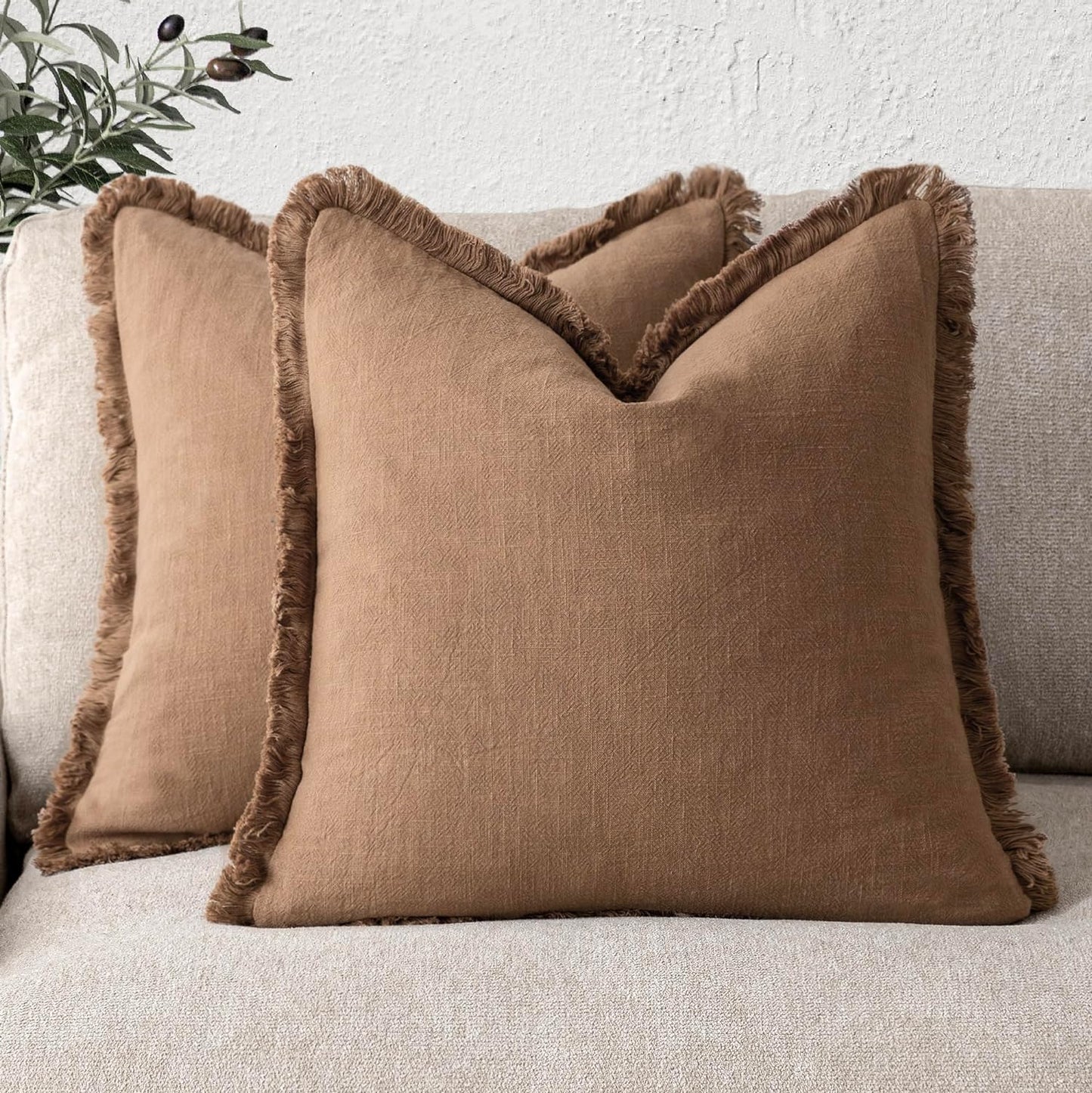 Foindtower Set of 2 Decorative Linen Fringe Throw Pillow Covers Cozy Boho Farmhouse Cushion Cover with Tassels Soft Accent Pillowcase for Couch Sofa Bed Living Room Home Decor, 26×26 Inch, Khaki Brown