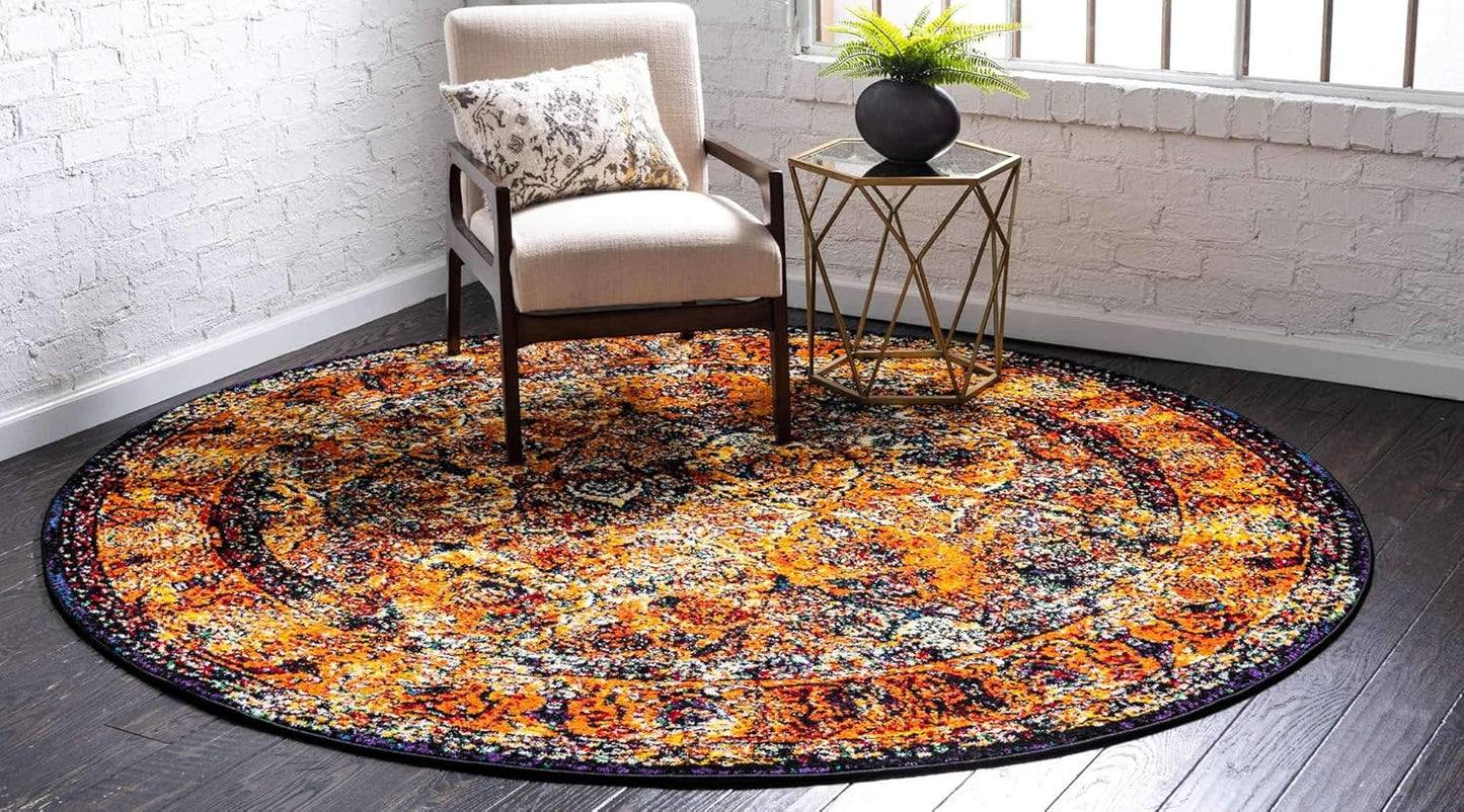 Unique Loom Rosso Collection Vintage, Traditional, Bohemian, Geometric, Border, Distressed, Southwestern Area Rug, 8 ft x 8 ft, Orange/Black