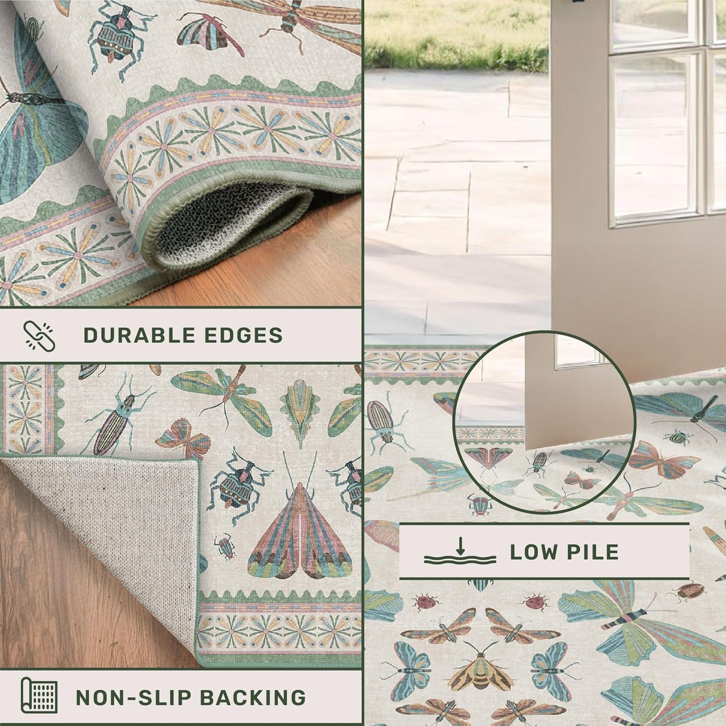 Washable Boho Bathroom Rug 2x3, Small Throw Rugs for Kitchen, Powder Room, Front Door Indoor Entrance, Non Slip Low Pile Stain Resistant, Dusty Green Colorful Cool Insect Aethestic