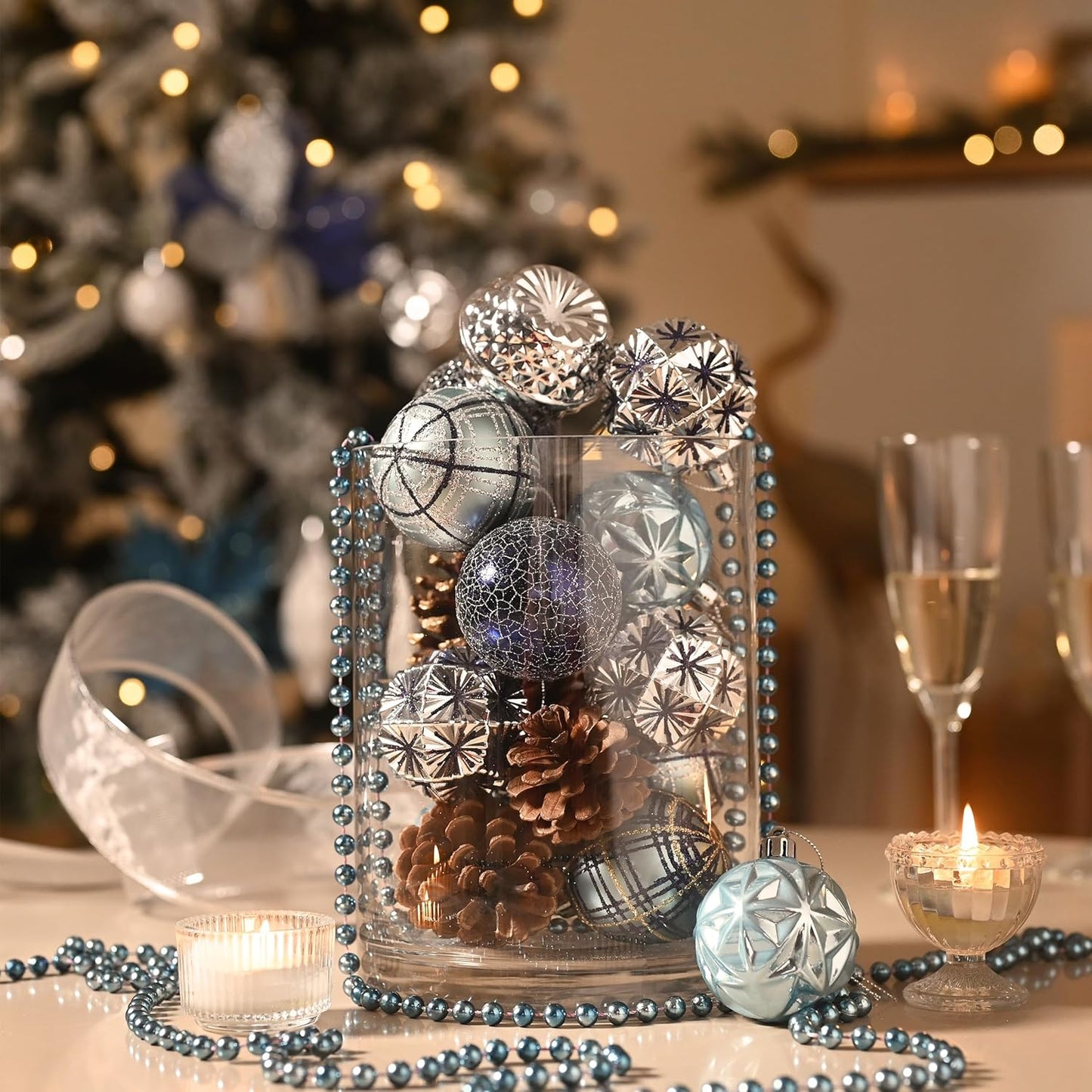 Valery Madelyn Ornaments for Christmas Trees, 9ct 2.36 Inches Navy Blue and Silver Shatterproof Christmas Tree Decorations, Luxury Hanging Ball Ornaments for Xmas Holiday Party Decor