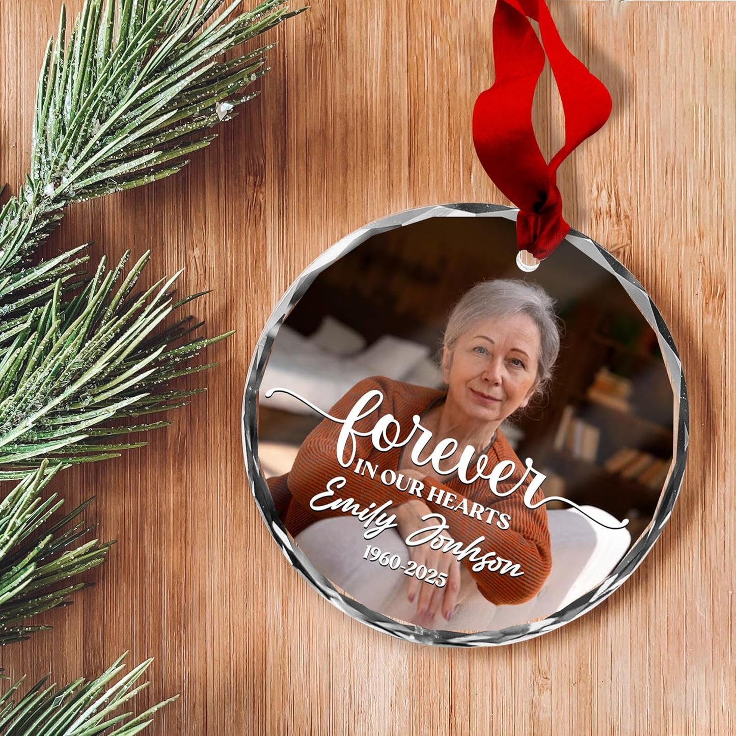 Personalized Memorial Suncatcher Ornament with Photo – Custom Glass Ornament with “Forever in Our Hearts” Quote – in Loving Memory Rainbow Crystal Keepsake – Loss of Loved One