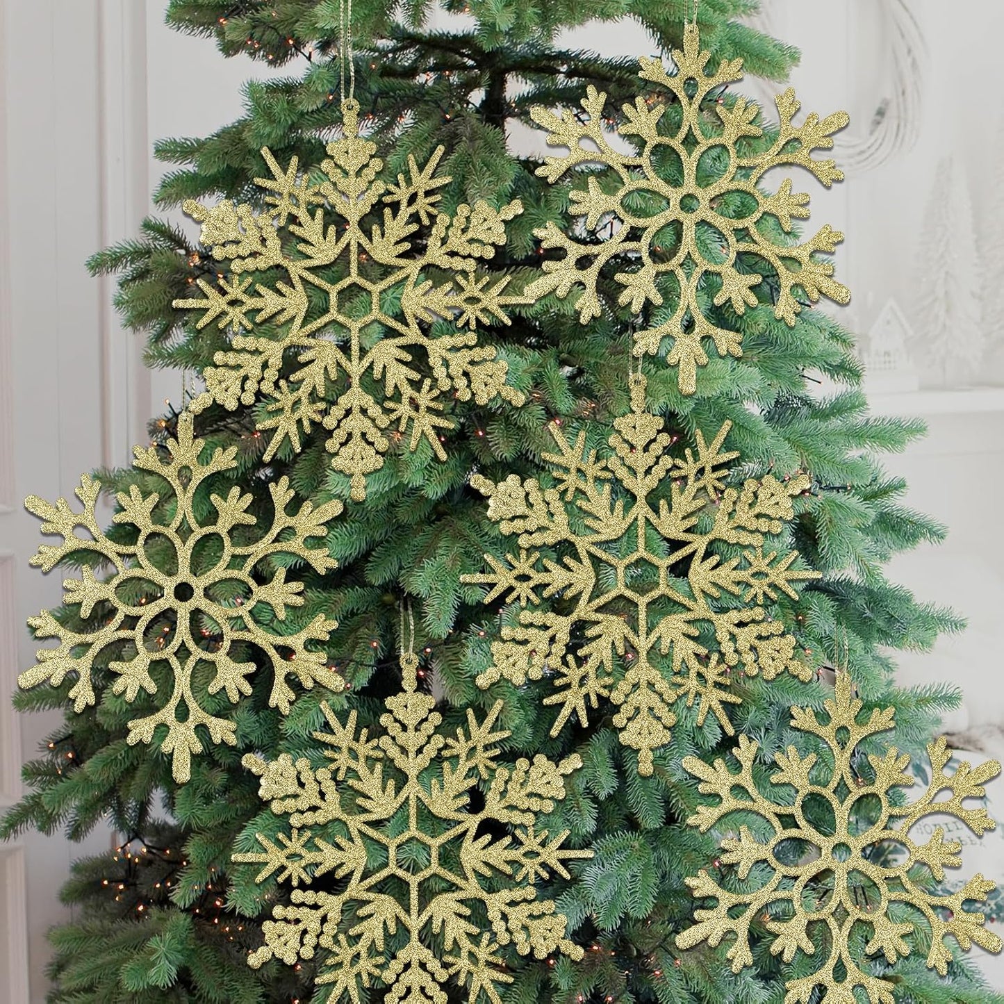 12pcs Large Christmas Snowflakes Decorations, 12" Big Plastic Glitter Gold Snowflake Ornaments for Winter Indoor Outdoor Christmas Tree Holiday Window Room Decor Craft Snowflakes