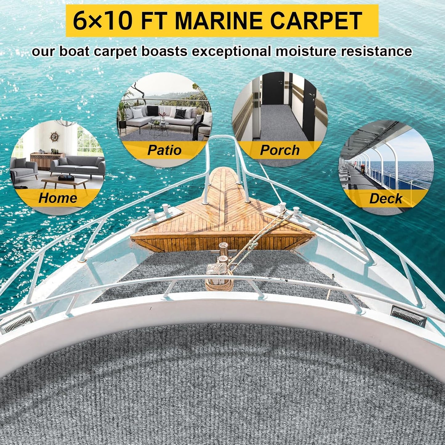 Marine Carpet,6 FT x 10 FT Smoke Gray Indoor Outdoor Carpet 0.2" Thick Boat Carpet with Water-Proof TPE Backing, Non-Slide Outdoor Marine Carpet Roll for Home, Patio, Porch, Deck