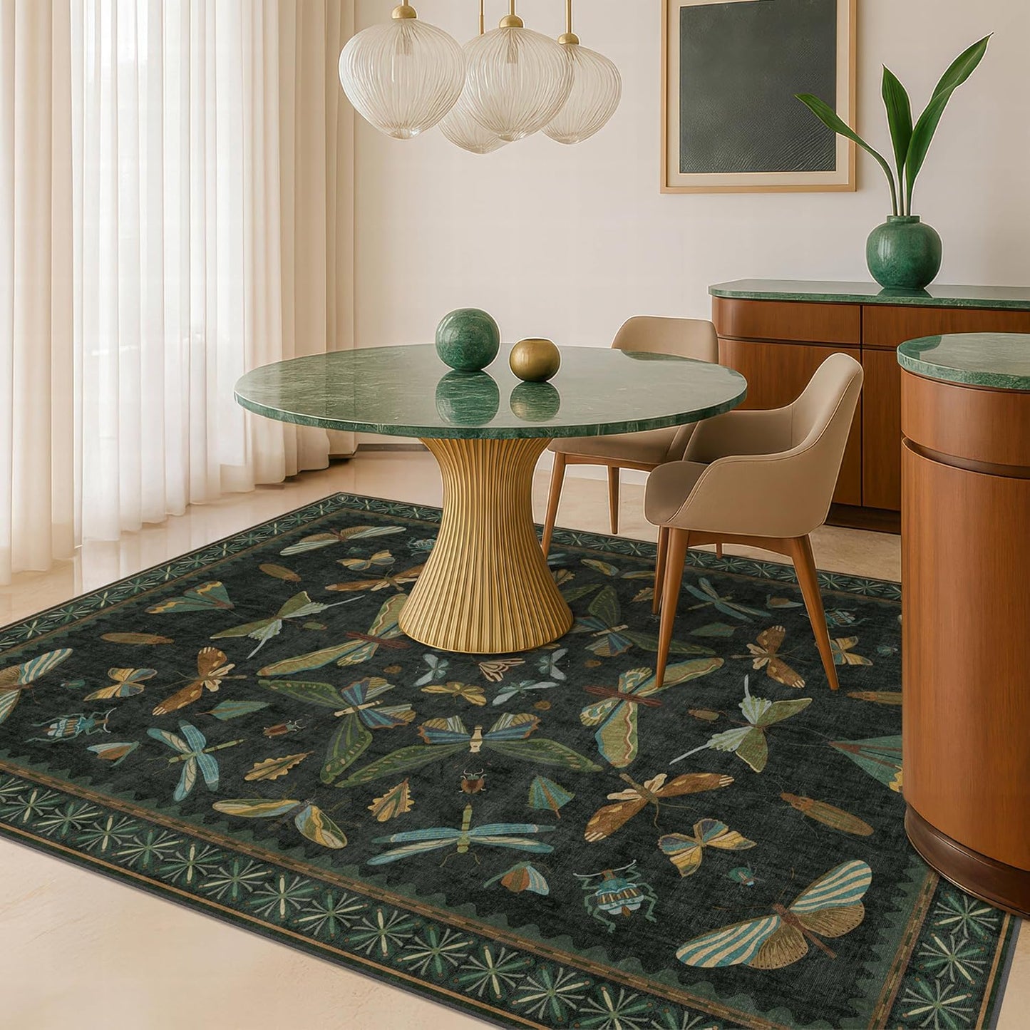 Black and Green Rug 5x8 for Living Room - Dark Moody Rugs for Dining Room Table, Playroom, Home Office, Insect Floral Moth Décor, Washable Non Skid Foldable