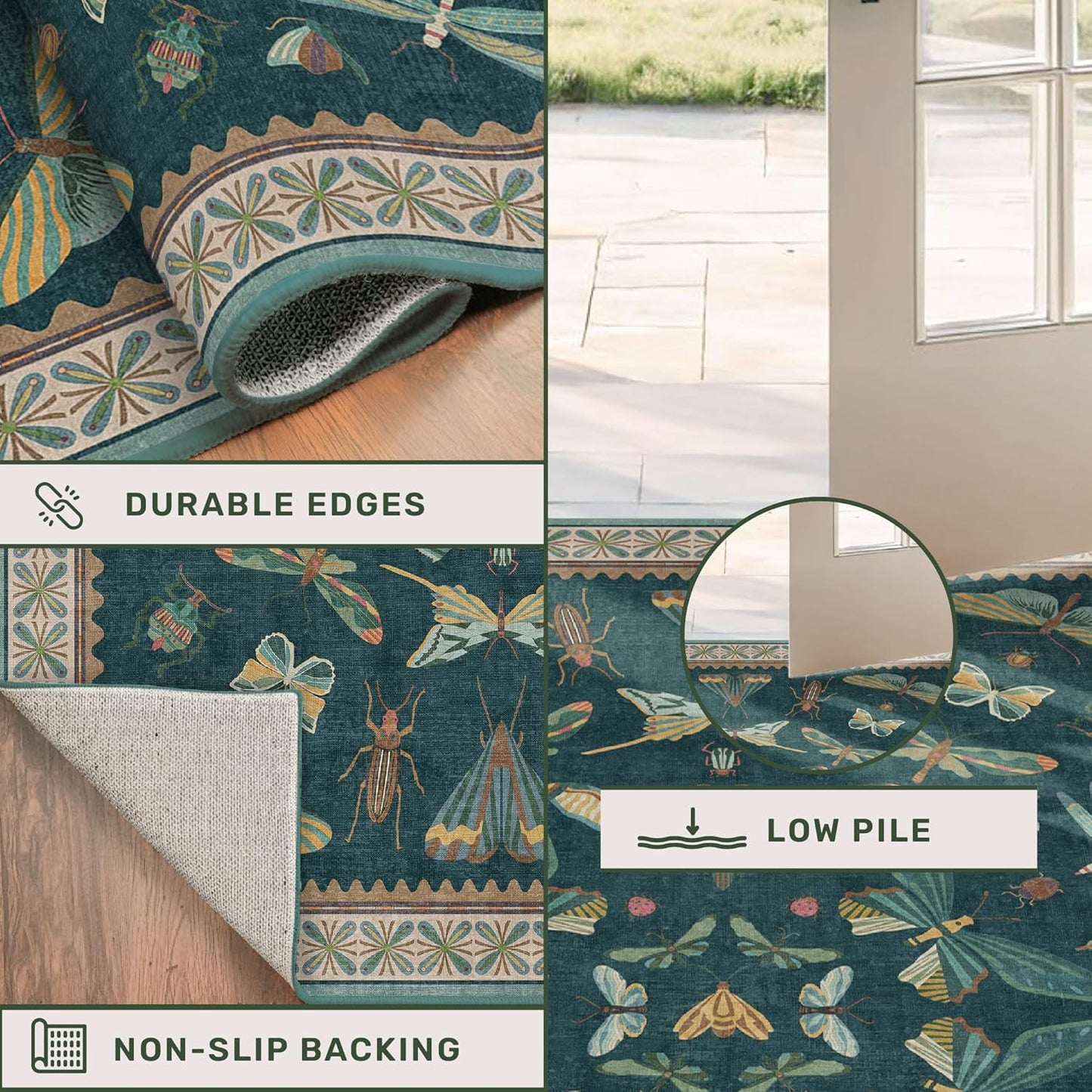 Brown and Green Kitchen Sink Runner Rug 2x6 - Teal Boho Bathroom Rugs for Entrance Indoor, Insect Print Floral Vintage, Washable Non Skid Stain Resistant