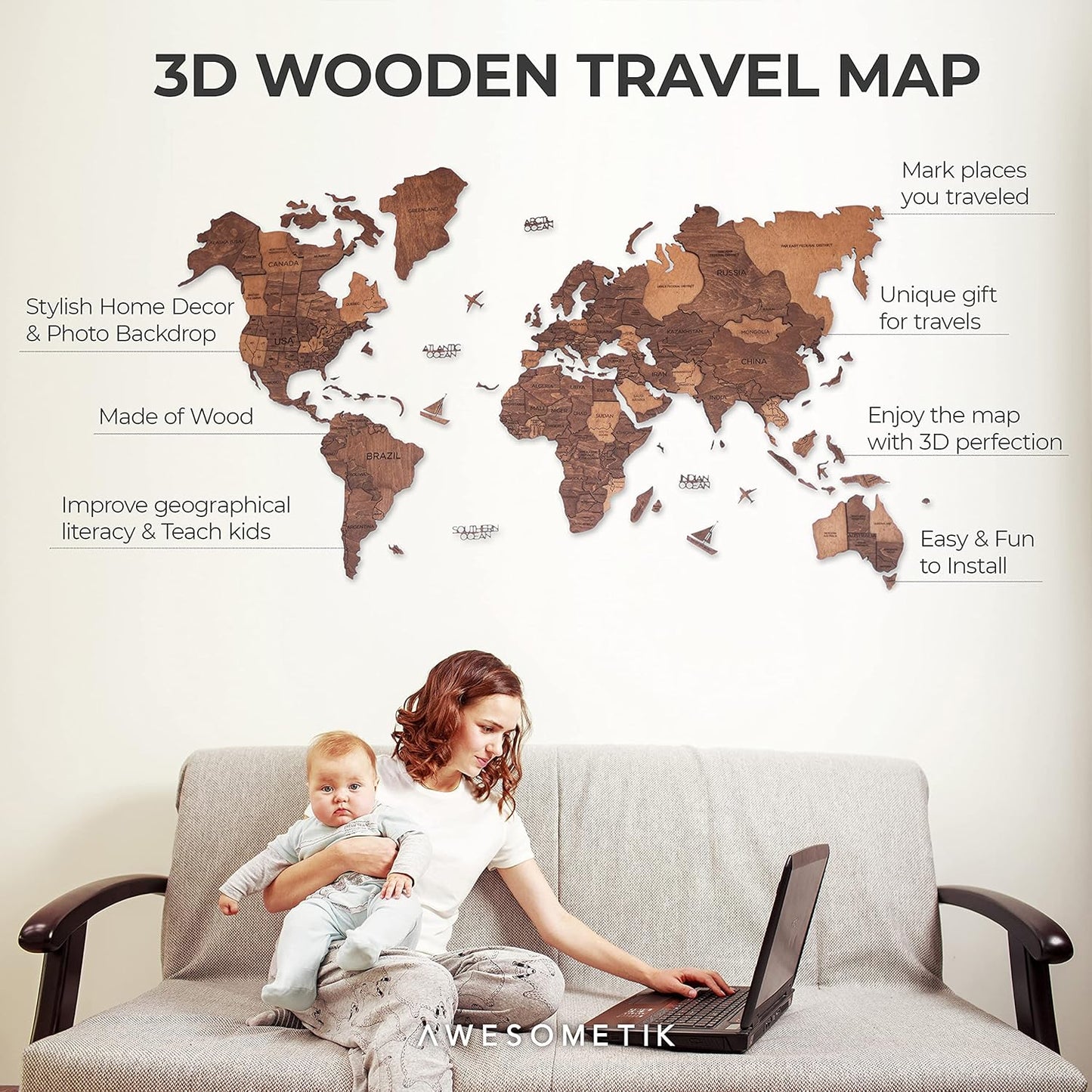 Handmade 3D Wood World Map Wall Art Large Wall Decor Track Your World Travels - Special For Home, Kitchen And Office (Medium, Oak)