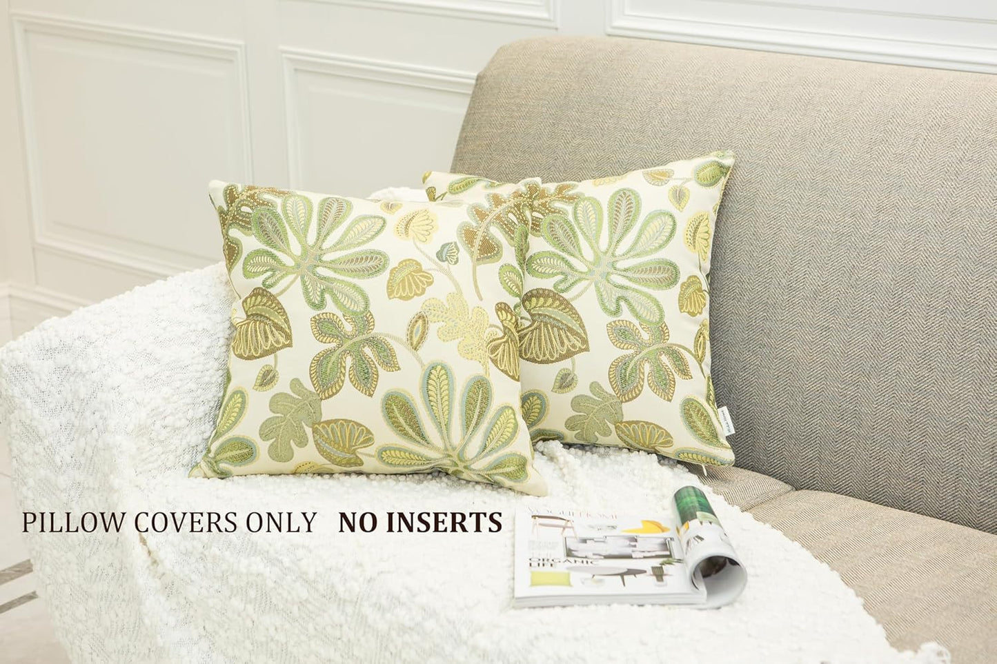 Set of 2 Jacquard Tropical Leaf Pattern Throw Pillow Covers Decorative Pillowcase 20X20 Inches,Green Cream