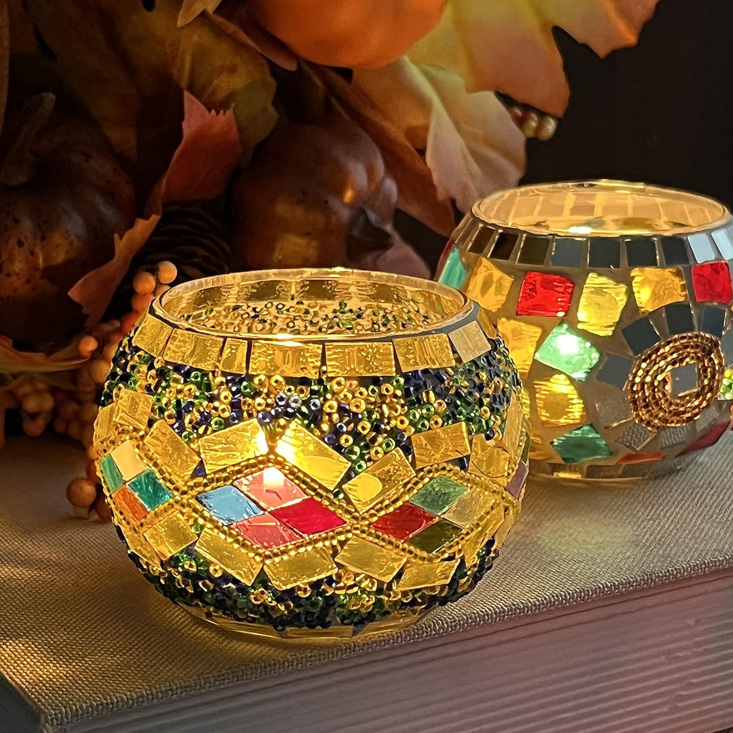 SHMILMH Glass Candle Holder Set of 4, Diwali Gift Votive Candle Holders Handmade Mosaic Glass Tealight Holders Diwali Christmas Table Decorations for Home