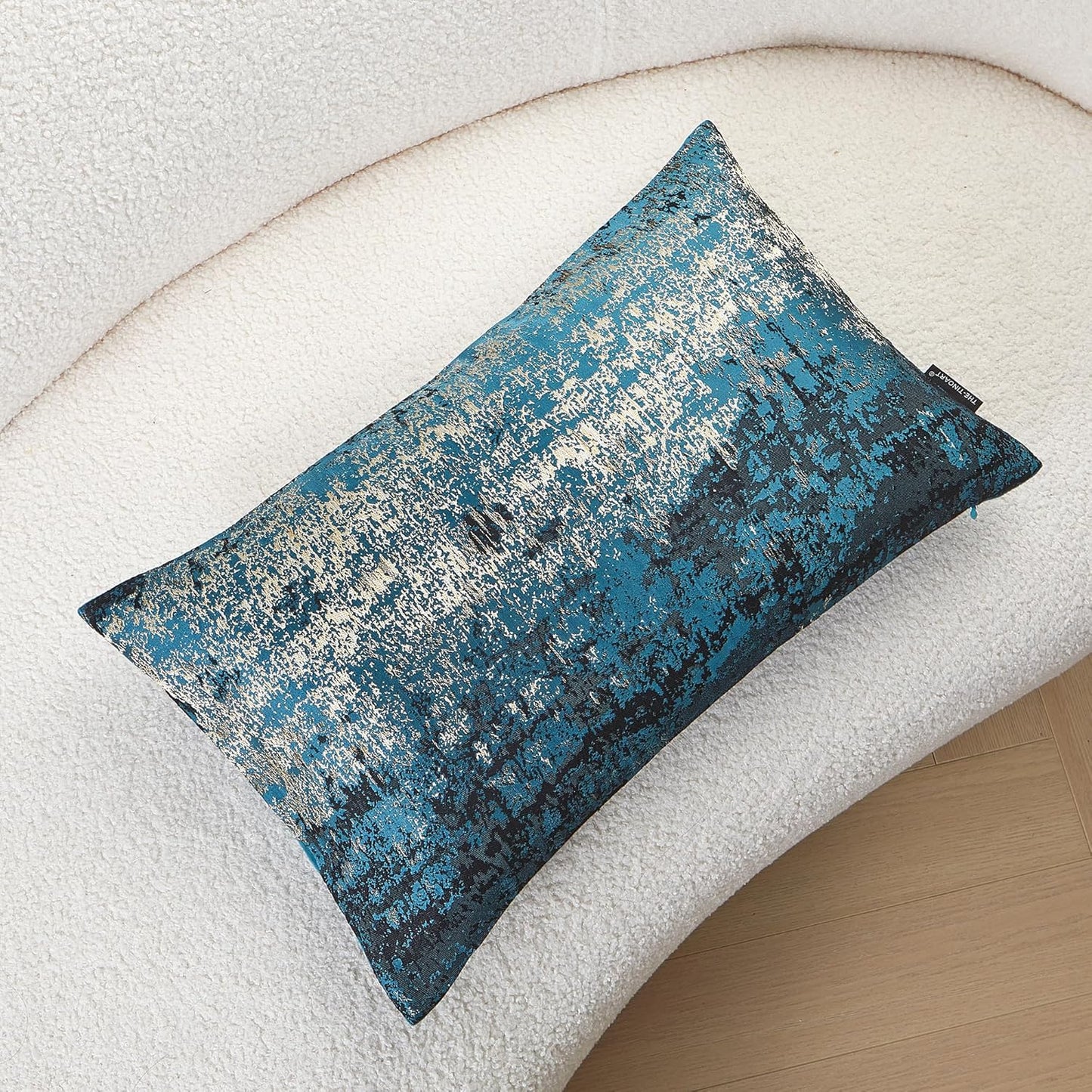 THE-TINOART Teal & Gold Embroidered Jacquard Pillow Cover 12x20 Inches – Luxury Reversible Decorative Throw Pillow Cover with Gold Thread & Velvet Backing, Elegant Holiday Home Decor