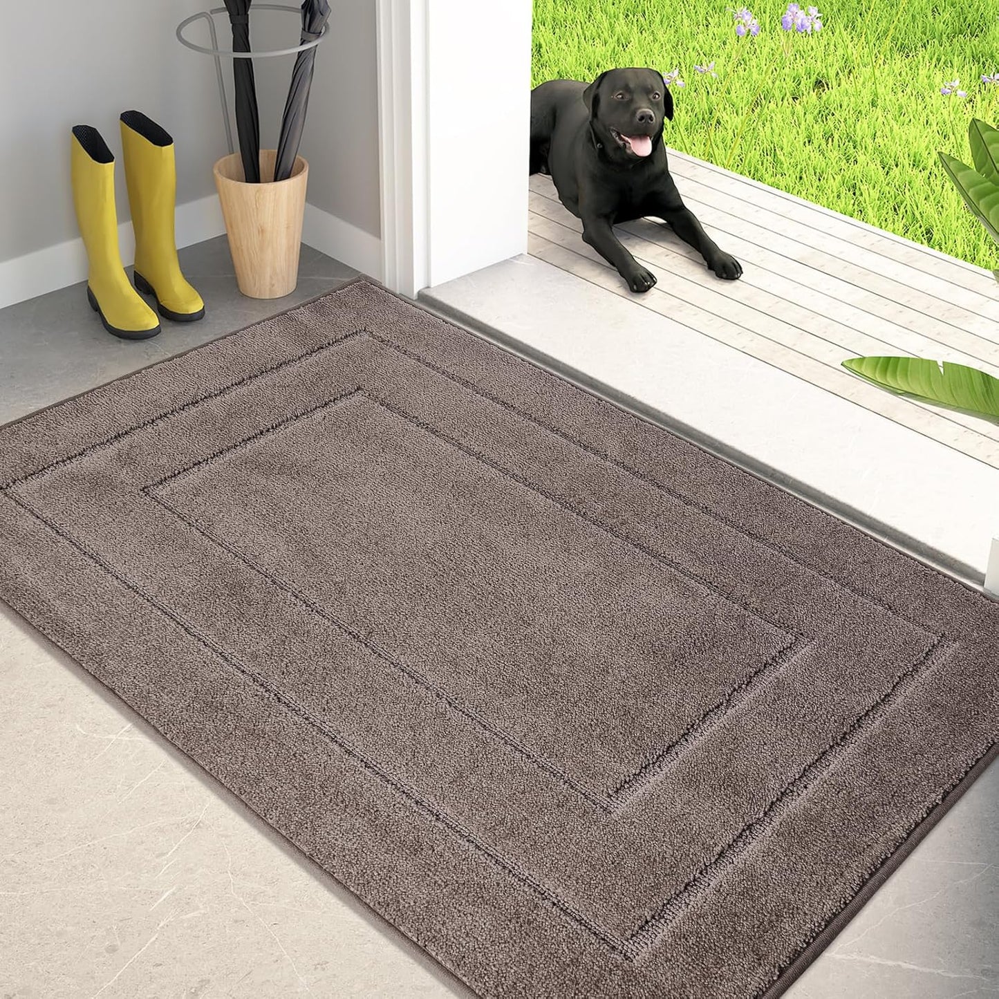 PURRUGS Dirt Trapping Door Mat 32" x 47", Non-Slip/Skid Machine Washable Entryway Rug, Dog Doormat, Super Absorbent Welcome Mat for Muddy Wet Shoes and Paws, Grayish Brown