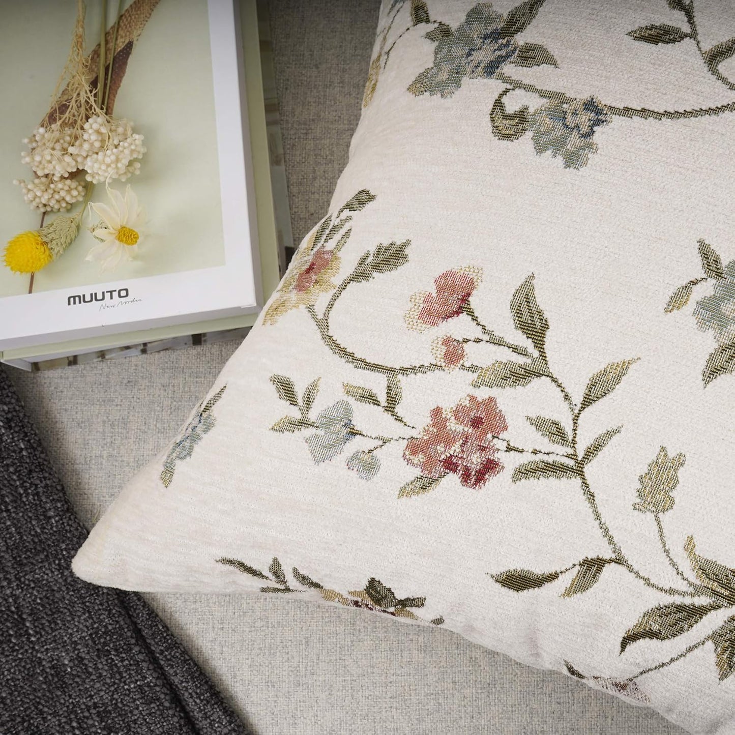 YOUR SMILE Embroidery Jacquard White Floral Leaf Pattern Square Decorative Throw Pillow Case Cushion Cover,18x18 inch