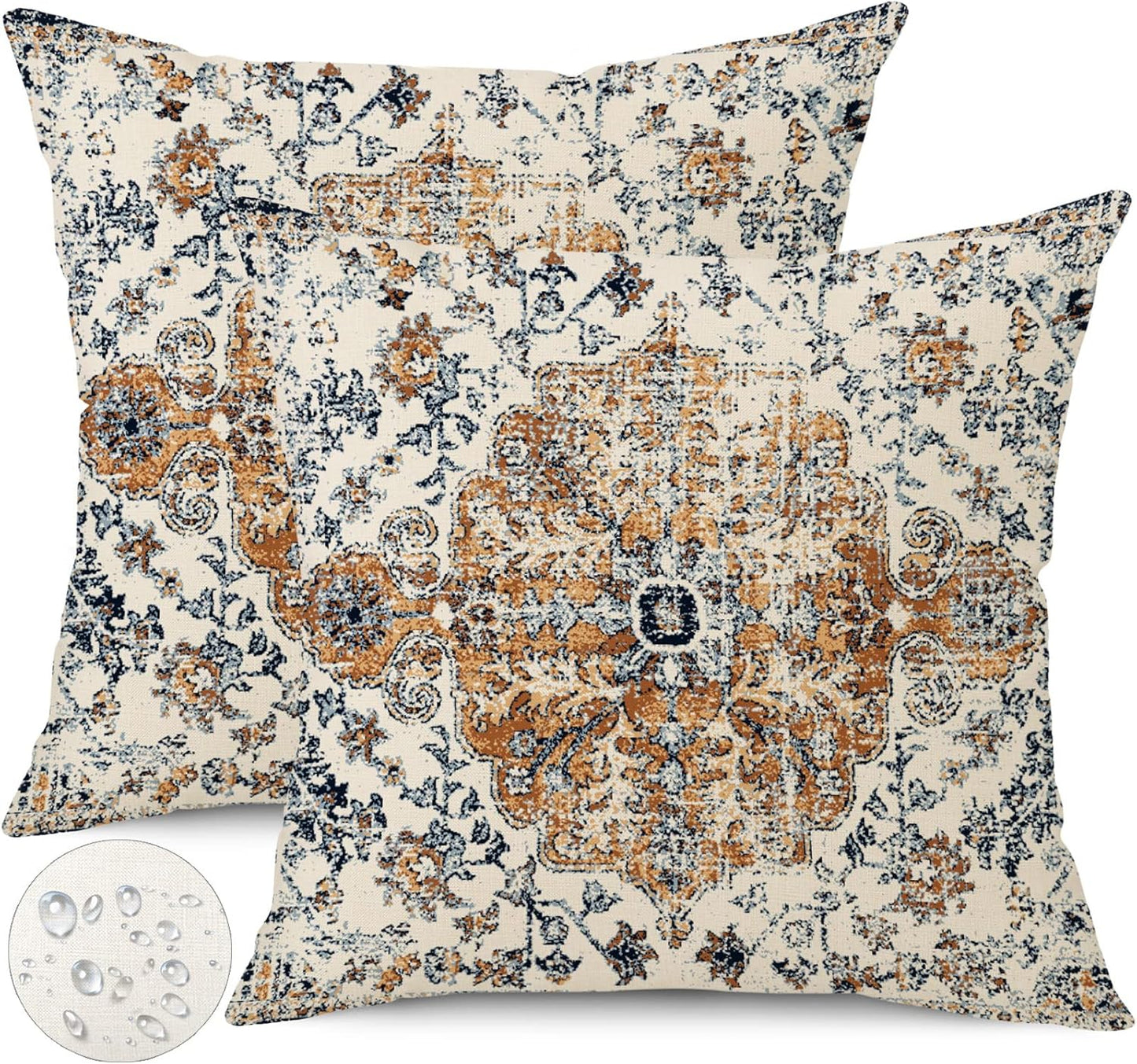 Outdoor Waterproof Pillow Covers - 18x18 Inch Set of 2 Bohemian Vintage Carpet Pattern Pillow Covers with Gold Blue Ethnic Design for Decorative Farmhouse Couch, Garden, Balcony