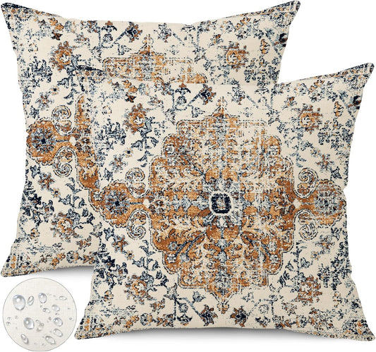 Outdoor Waterproof Pillow Covers - 18x18 Inch Set of 2 Bohemian Vintage Carpet Pattern Pillow Covers with Gold Blue Ethnic Design for Decorative Farmhouse Couch, Garden, Balcony