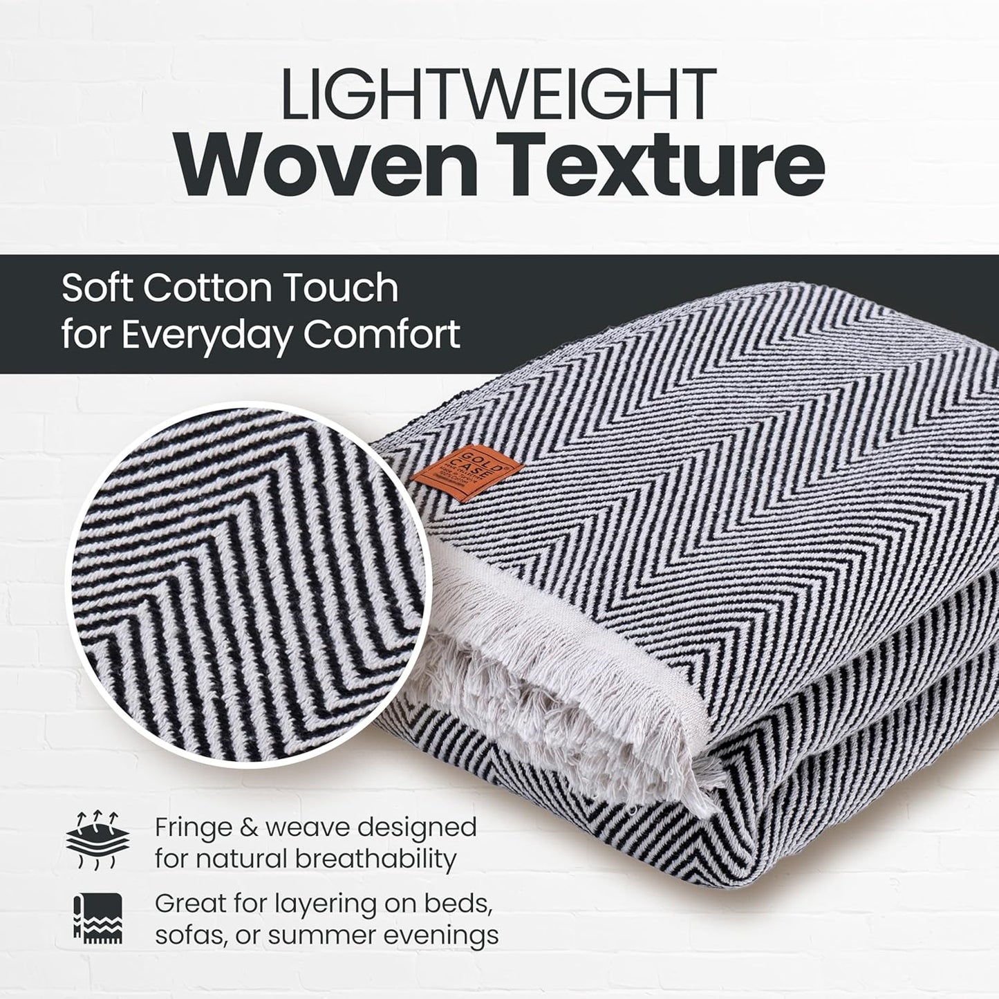 Gold Case Throw Blanket for Bed – 100% Recycled Turkish Cotton Bed Blanket – Decorative Throw Cotton Blankets for Living Room & Bedroom – Woven Twin Blankets - 71x90 - Black